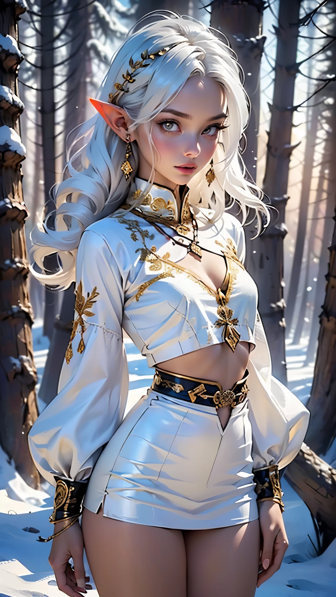 cute  elf,(((little ,tiny little body,little))),(((6 years old))),((anime elf  with extremely cute and beautiful white hair)), (((elf))), (((elf ears))),

(((flat chest))),((((white hair:1.35,white large hair slicked to the side, extremely detailed,colored inner hair,ear breathing)))),(((white _eyes:1.3))),intricate eyes,beautiful detailed eyes,symmetrical eyes,big eyes:1.5,(((lustrous skin:1.5,bright skin: 1.5,skin tanned,shiny skin,very shiny skin,shiny body,plastic glitter skin,exaggerated shiny skin,illuminated skin))),(detailed body,(detailed face)),

cute,slutty,erotic,daring,((nsfw)),

(luminous amulet:1.5),(striped clothes:1.5,stripes),zettai ryouiki,revealing clothing,show skin,(wearing rustic [robes|armor] with golden embroidery), purple facial tattoos, tied hair, exposed chest, exposed shoulders, exposed belly button, exposed thighs, diamond necklace,(semi-naked,with little clothing),(((white clothes,white outfit,intricate outfit,intricate clothes,embroidered outfit,ornate outfit,embroidered clothes,ornate clothes))),

(dynamic pose:1.0),embarrassed,(centered,scale to fit dimensions,Rule of thirds),

((snowy pine forest)),winter,scenery:1.25,((intricate scenery)),((snow forest background)),

(Glossy winter ornaments),highres,sharp focus,(ultra detailed,extremely detailed),(photorealistic artwork:1.37),(extremely detailed CG unity 8k wallpaper),(((vibrant colors,vibrant theme))),(intricate),(masterpiece),(best quality),artistic photography,(photography taken by sldr),(intricate background),perfect rendered face,perfect face details,realistic face,photo realistic,((intricate detail)),(((realism))),
