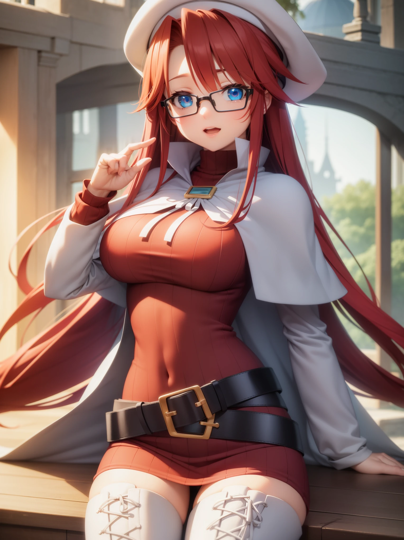 summonnightaty, aty, long hair, blue eyes, red hair, beret, hat, glasses,
BREAK long hair, thighhighs, hat, dress, boots, glasses, belt, cape, sweater, zettai ryouiki, beret, thigh boots, white footwear, ribbed sweater, loose belt,solo,
BREAK outdoors, fantasy_town,
BREAK (masterpiece:1.2), best quality, high resolution, unity 8k wallpaper, (illustration:0.8), (beautiful detailed eyes:1.6), extremely detailed face, perfect lighting, extremely detailed CG, (perfect hands, perfect anatomy),covered_nipples,covered_navel,light_smile ,walking,(half_eyes:1.2),light_open_mouth,sword,armpit,sleepy,sitting,red_sweater,