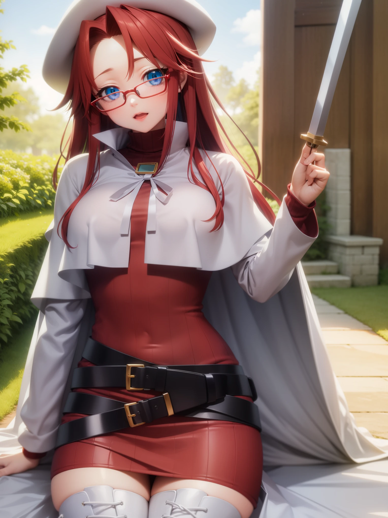 summonnightaty, aty, long hair, blue eyes, red hair, beret, hat, glasses,
BREAK long hair, thighhighs, hat, dress, boots, glasses, belt, cape, sweater, zettai ryouiki, beret, thigh boots, white footwear, ribbed sweater, loose belt,solo,
BREAK outdoors, fantasy_town,
BREAK (masterpiece:1.2), best quality, high resolution, unity 8k wallpaper, (illustration:0.8), (beautiful detailed eyes:1.6), extremely detailed face, perfect lighting, extremely detailed CG, (perfect hands, perfect anatomy),covered_nipples,covered_navel,light_smile ,walking,(half_eyes:1.2),light_open_mouth,sword,armpit,sleepy,sitting,red_sweater,