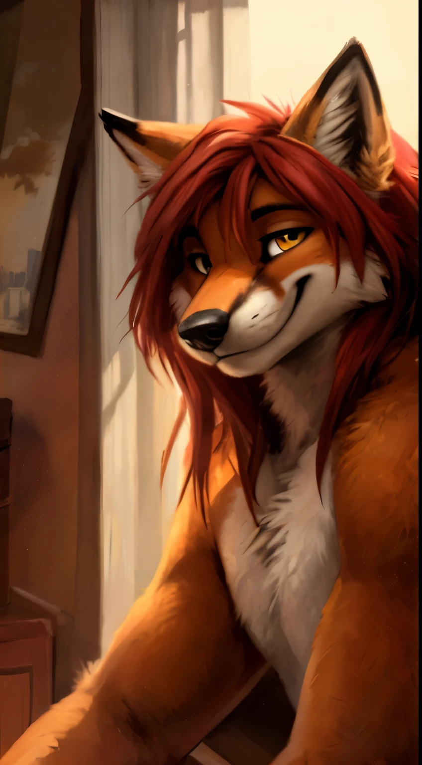 ((masterpiece, best quality)), (anthro furry:1.3, snout:1.2, anthro:1.3, furry:1.2, closeup:1.2, solo male:1.2, neckline, leaning forward, smile, red, sexy face, very muscular:1.2, biceps, pectoral muscle:1.8,nude, big balls, penis), full body, Long hair, red hair, fox, yellow eyes, by Zackary911, Kenket, Kilinah, Zackary911, black nipples, bedroom