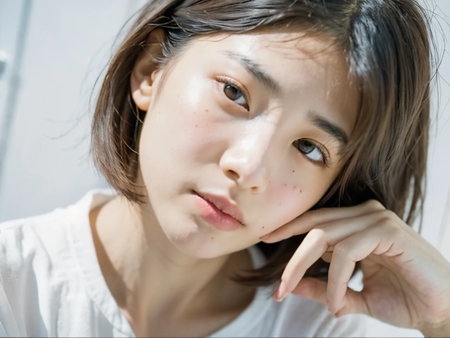 table top、japanese woman、focus、RAW photo (20 year old girl),fashionable clotheodern impression,realistic skin, (high detail skin:1.2),Taken in front of the white door,spring colors,realistic, film grain,bright colors,beautiful face,soft natural light、bob cut、various hand poses