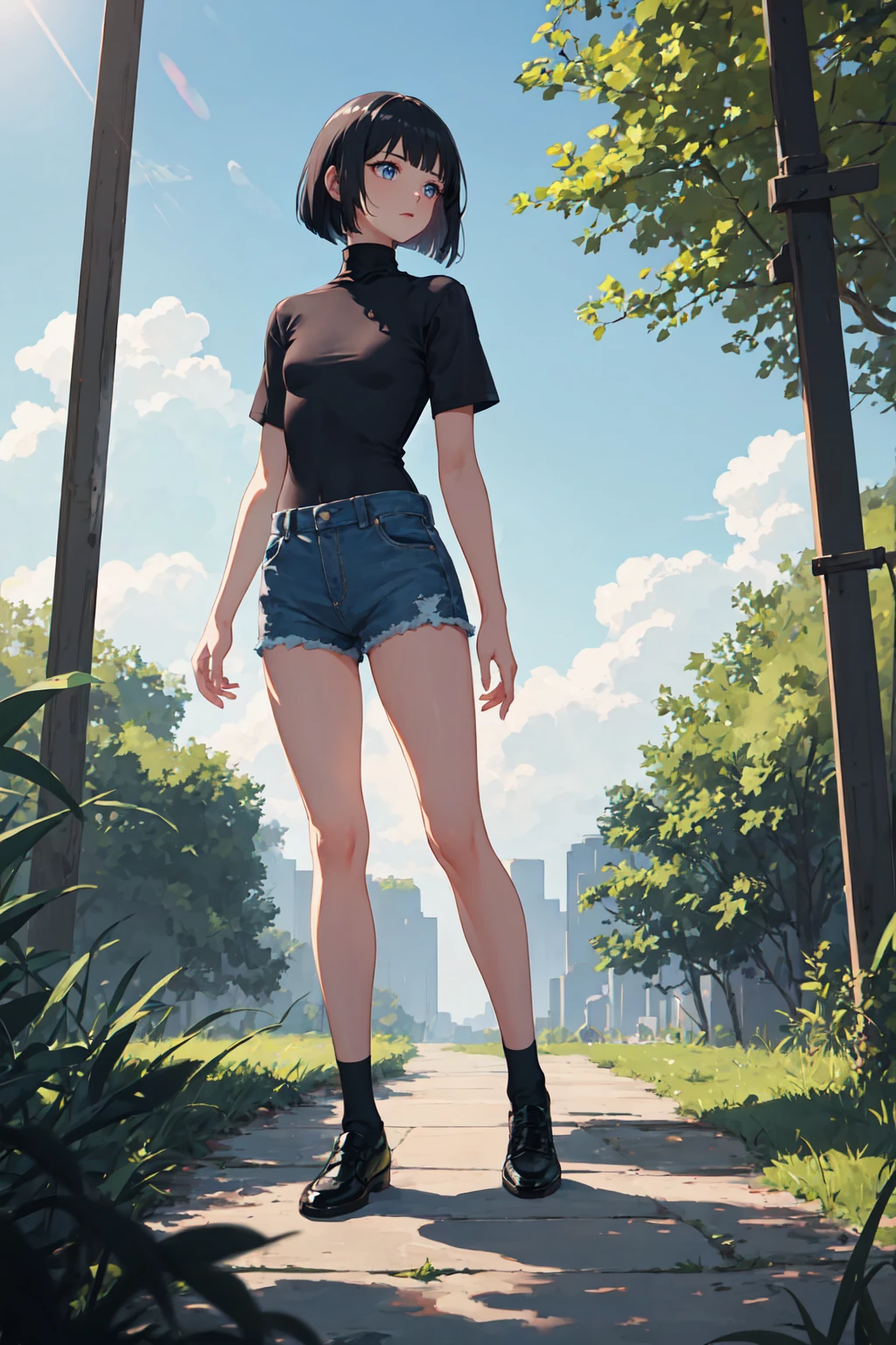 illustration, aesthetically pleasing, best quality, masterpiece, 1girl, solo, black hair, bob cut, bangs, small breast, black shirt, short sleeves, turtleneck, blue denim short, black shoes, standing up, [forest : river: 9], blue sky, daytime
