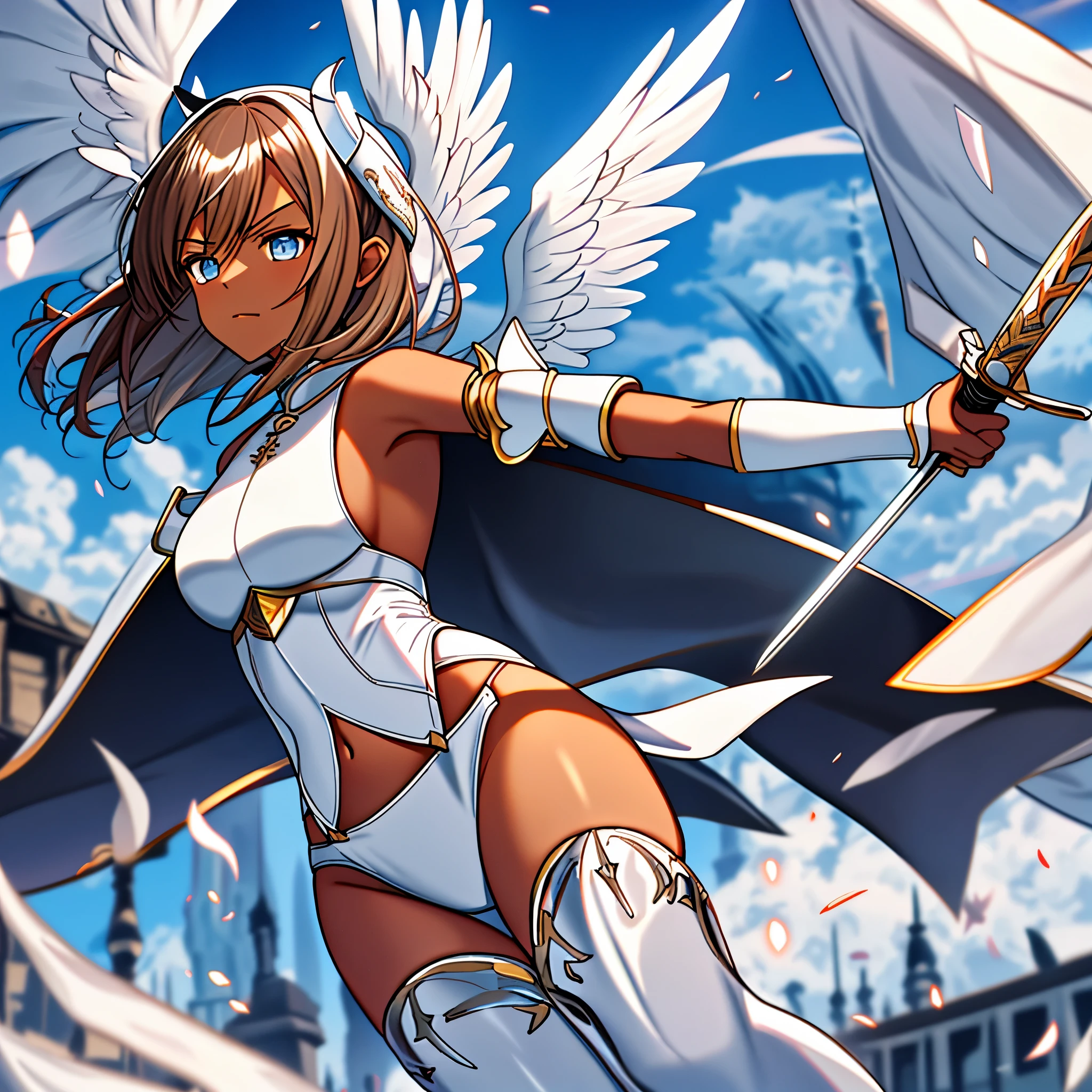 fantasy, 1angel_girl, low_teen, brown_hair, medium_bob_hair,long_bangs, (dark_skin)+, bare_shoulder, navel out, thighhighs,silver_shiny_armor, white_clothes,waist_armor, Glebe, hold_shiny_swords, medium_breasts, Angry, dynamic_pose_fighting,Floating, (1pair_white_wings,pelvic_curtain)++, Headgear ,city_sky_background,,slightly_spread_legs, multiple_shiny_swords_floating_around_the_girl