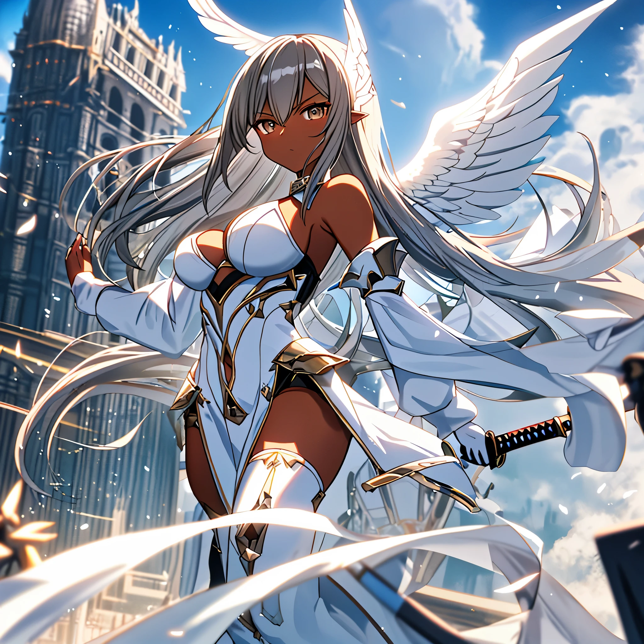 fantasy, 1angel_girl, low_teen, brown_hair, medium_bob_hair,long_bangs, (dark_skin)+, bare_shoulder, navel out, thighhighs,silver_shiny_armor, white_clothes,waist_armor, Glebe, hold_shiny_swords, medium_breasts, Angry, dynamic_pose_fighting,Floating, (1pair_white_wings,pelvic_curtain)++, Headgear ,city_sky_background,,slightly_spread_legs, multiple_shiny_swords_floating_around_the_girl