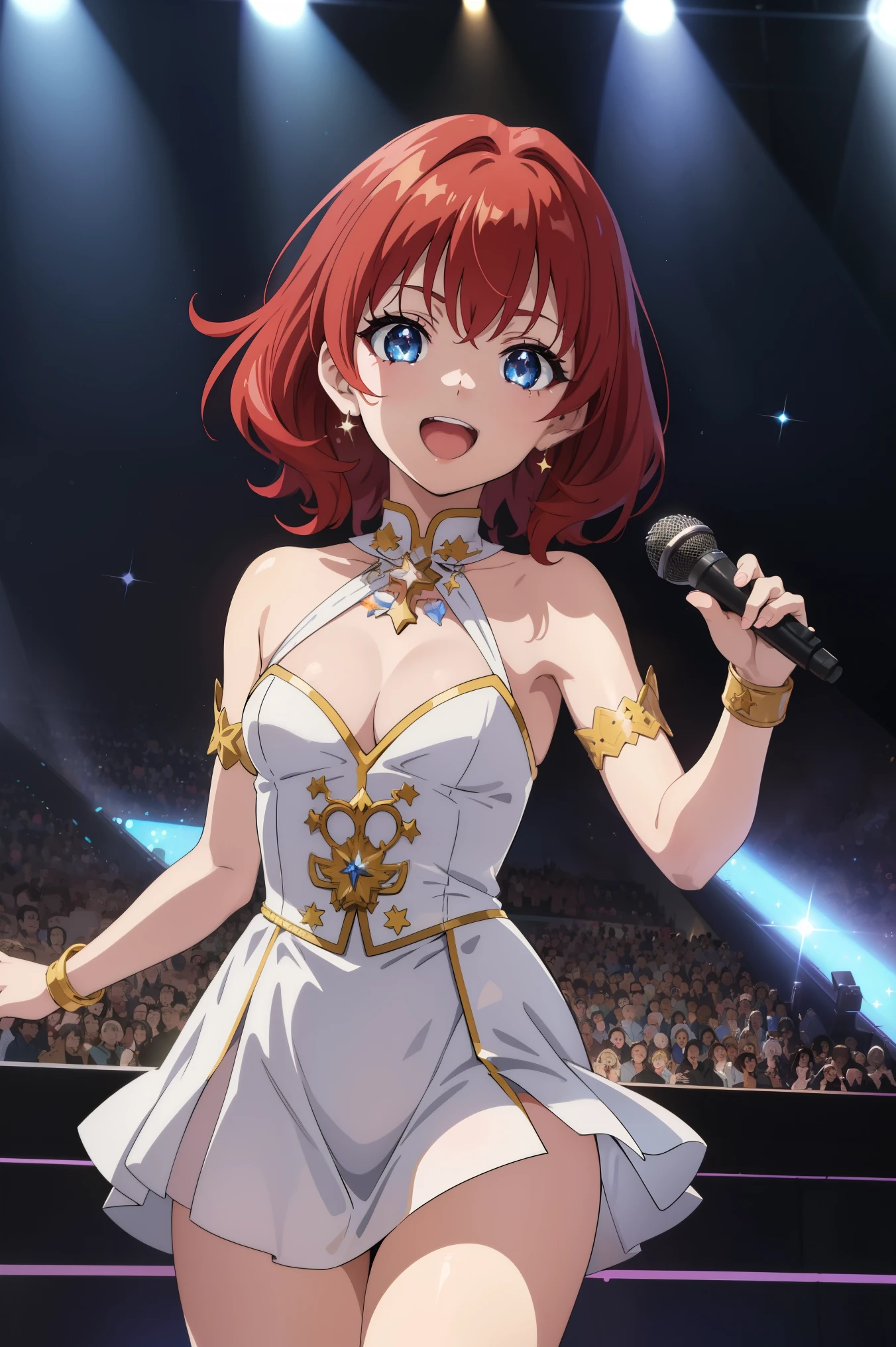 (masterpiece, best quality, anime style, hdr, cinematic:1.2), 1girl, happy, solo, teenager, small bust, cleavage, bare shoulders, embroideries, famous, idol outfit, sparkles, stage, cowboy shot, ;D, dynamic, blue eyes, shiny red hair, hair stars, spotlights, microphone