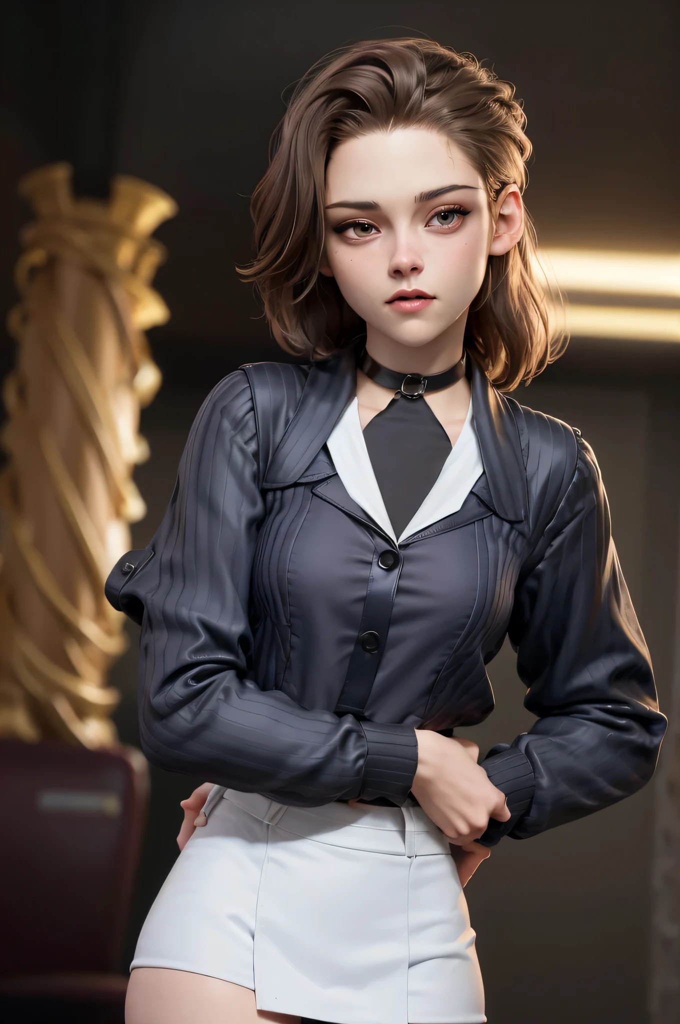 3DMM, kst3w, Kristin Stewart, 16 years, gynoid physics, (One:1.1), Kristin Stewart, perfect face, (((black necklace))), (((night skirt suit))), (((pleated school miniskirt))), (((night color jacket))), (((Silk tie))), Windsor tie, (((White shirt))), cup size S, (((Night color miniskirt with 1 horizontal gold stripe))), One focus, fully dressed, elegantly dressed, Half-open mouth, neat hairstyle, shoulder length hair, Brown hair, Brown eyes, beautiful detailed eyes，bright students，（very good and beautiful），（Beautiful and detailed description of the eyes), [[gentle fingers and hands:0.55]::0.85], (detail fingers), Facing the camera, (Background with：school corridor，mystical atmosphere), (Illustration, cartoon, Masterpiece, very detailed, Best quality，cinematic lighting，muted colors, detailed background, A high resolution)