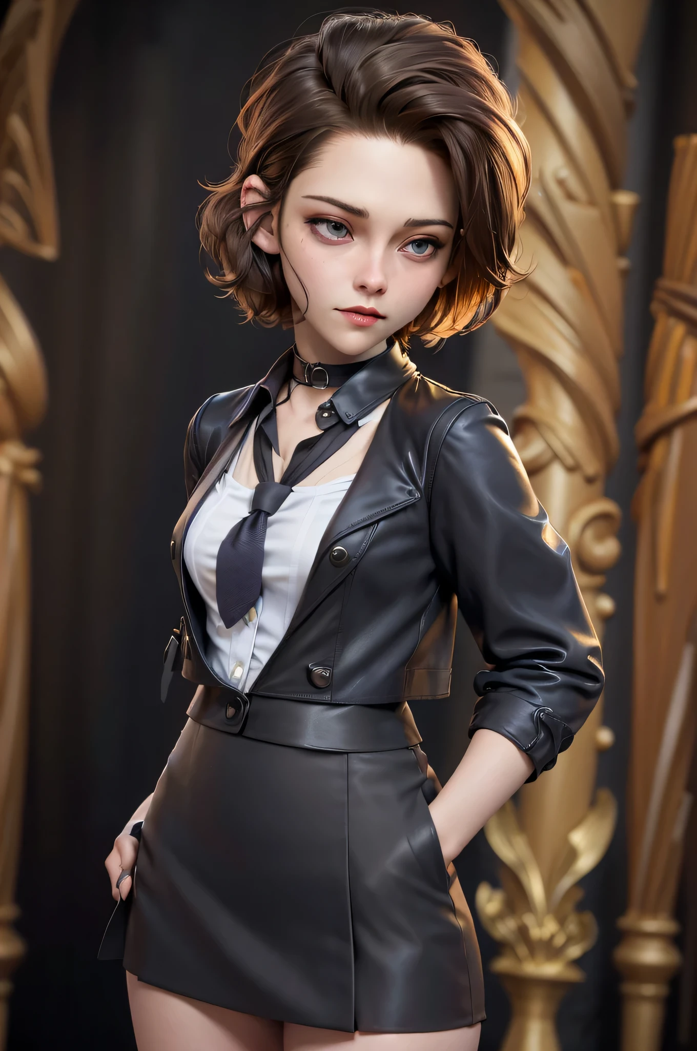 3DMM, kst3w, Kristin Stewart, 16 years, gynoid physics, (One:1.1), Kristin Stewart, perfect face, (((black necklace))), (((night skirt suit))), (((pleated school miniskirt))), (((night color jacket))), (((Silk tie))), Windsor tie, (((White shirt))), cup size S, (((Night color miniskirt with 1 horizontal gold stripe))), One focus, fully dressed, elegantly dressed, Half-open mouth, neat hairstyle, shoulder length hair, Brown hair, Brown eyes, beautiful detailed eyes，bright students，（very good and beautiful），（Beautiful and detailed description of the eyes), [[gentle fingers and hands:0.55]::0.85], (detail fingers), Facing the camera, (Background with：school corridor，mystical atmosphere), (Illustration, cartoon, Masterpiece, very detailed, Best quality，cinematic lighting，muted colors, detailed background, A high resolution)