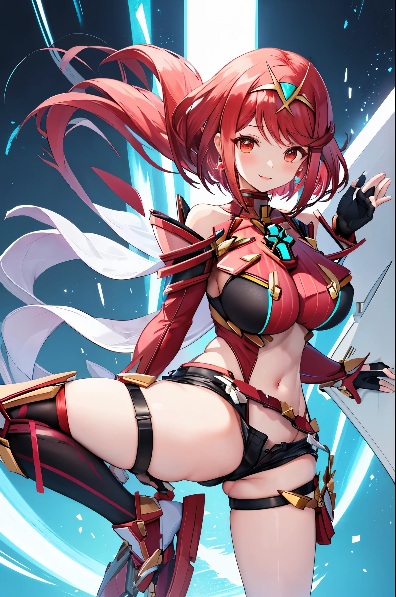 pyra \(xenoblade\), _1girl, , bangs, black gloves, breasts, red eyes, shout, earrings, eyelashes, fingerless gloves, floating hair, , gem, gloves, hair ornament, headpiece, jewelry, big_breasts, leaning back, swimsuit, neon trim, official art, pose, red hair, saitou masatsugu, short_ponytail, sidelocks, skin tight, solo, swept bangs, thighhighs, tiara, fantasy_town_background, underbust, xenoblade chronicles \(series\), (xenoblade chronicles 2), (spread_legs:1.1), fire_effect,dynamic_posing,light_smile, big_ass,huge_sword, hold_large_sword_hilt, covered_nipples, covered_pussy, fists,beautiful_fingers,(solo:1.1), bare_shoulder,(shoulder_naked:1.2), (very_short_shorts:1.3),(lise_leg:1.4)
