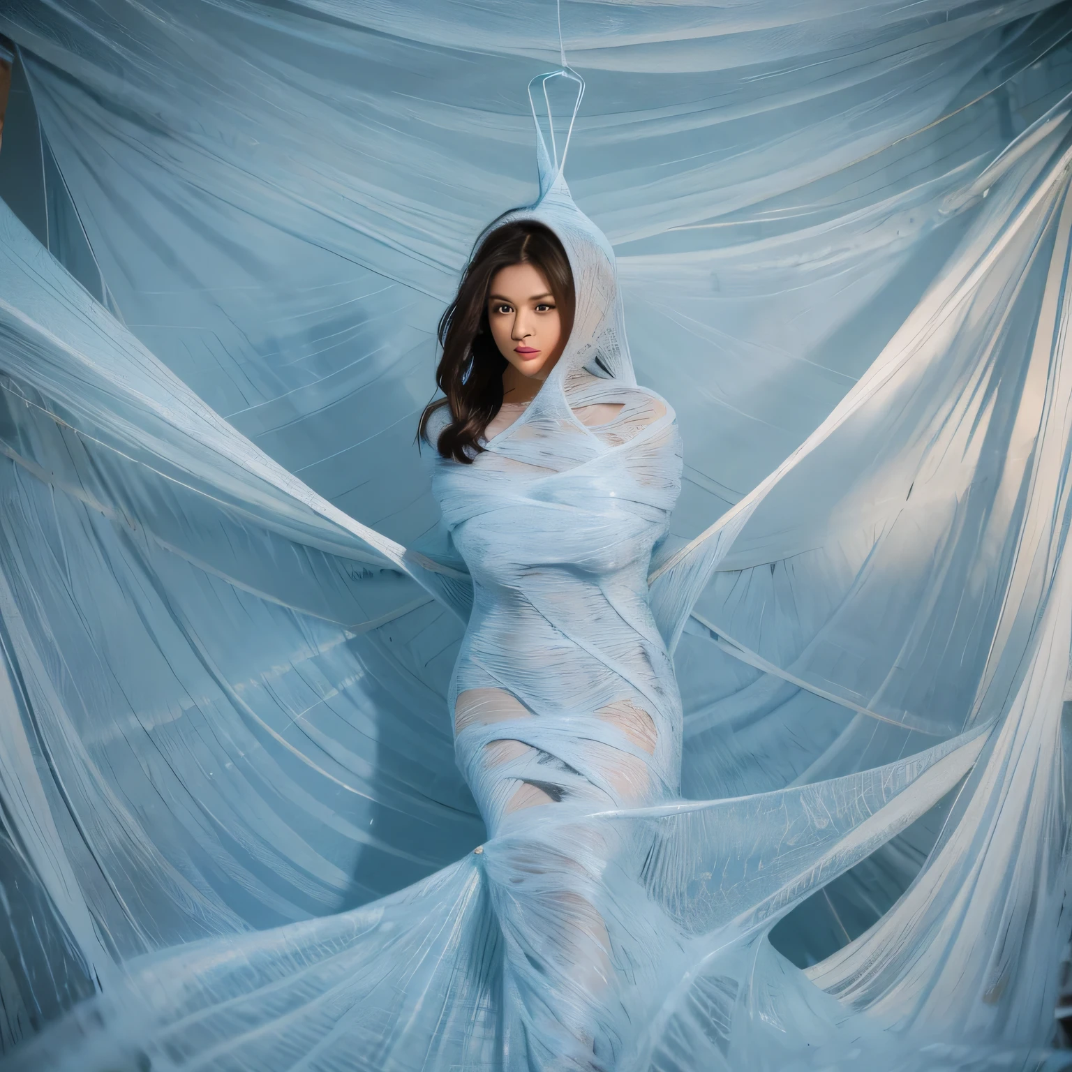 one girl tied up by another one with rope,(bright lighting,romantic setting),dreamy background,bondage,dark hair, mesmerizing gaze, , soft skin, alluring beauty, artistic portrait, high-quality image, vibrant colors, long silk gown, dressing room, (cocoon:1.4)