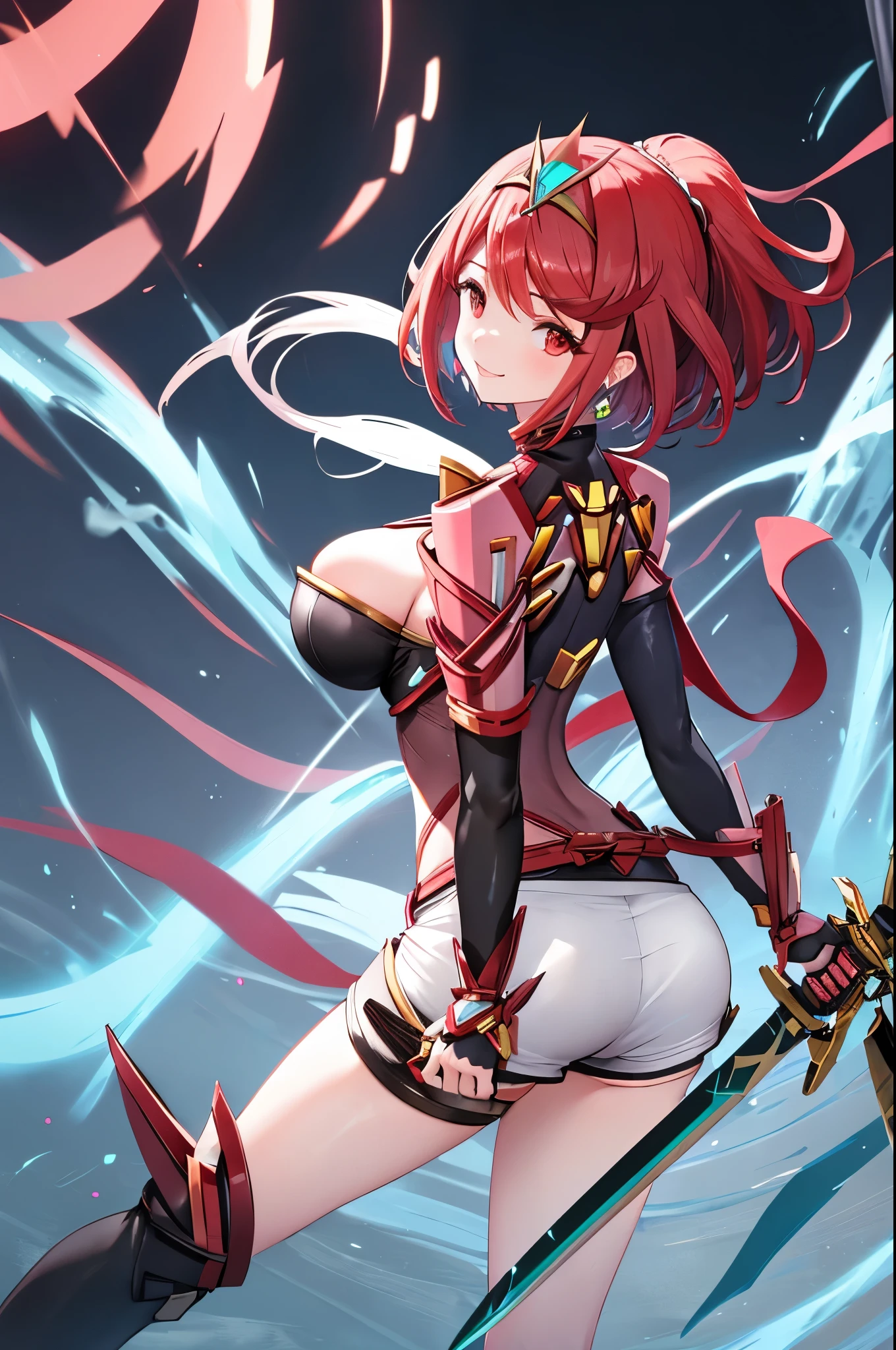 pyra \(xenoblade\), _1girl, , bangs, black gloves, breasts, red eyes, shout, earrings, eyelashes, fingerless gloves, floating hair, , gem, gloves, hair ornament, headpiece, jewelry, big_breasts, leaning back, swimsuit, neon trim, official art, pose, red hair, saitou masatsugu, short_ponytail, sidelocks, skin tight, solo, swept bangs, thighhighs, tiara, fantasy_town_background, underbust, xenoblade chronicles \(series\), (xenoblade chronicles 2), (spread_legs:1.1), fire_effect,dynamic_posing,light_smile, big_ass,huge_sword, hold_large_sword_hilt, covered_nipples, covered_pussy, fists,beautiful_fingers,(solo:1.1), bare_shoulder,(shoulder_naked:1.2), (very_short＿shorts:1.3),(lise_leg:1.4)