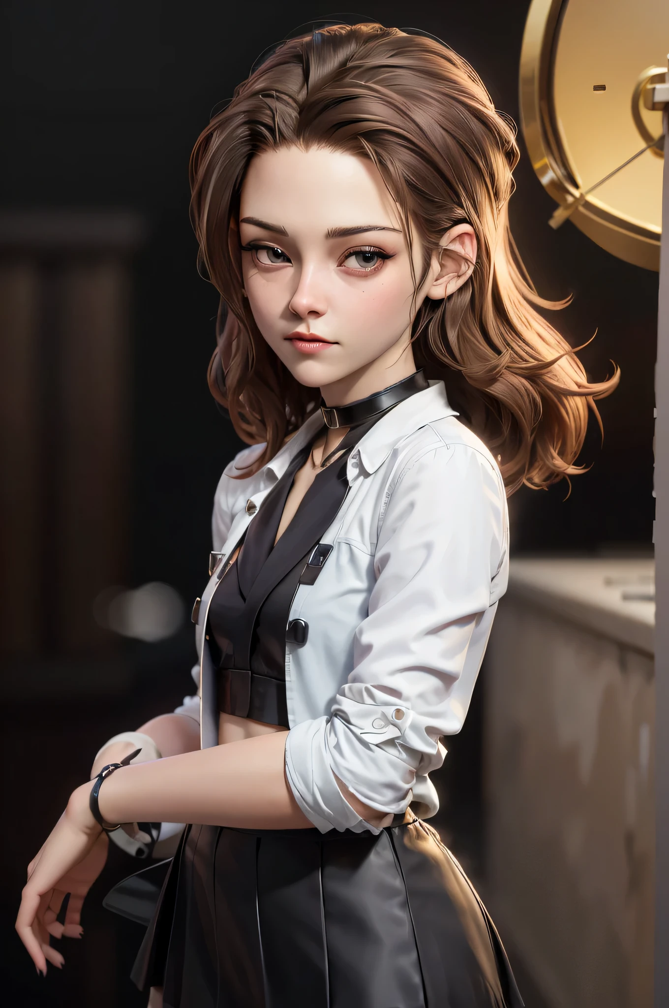 3DMM, kst3w, Kristin Stewart, 16 years, gynoid physics, (One:1.1), Kristin Stewart, perfect face, (((black necklace))), (((night skirt suit))), (((pleated school miniskirt))), (((night color jacket))), (((Silk tie))), Windsor tie, (((White shirt))), cup size S, (((Night color miniskirt with 1 horizontal gold stripe))), One focus, fully dressed, elegantly dressed, Half-open mouth, neat hairstyle, shoulder length hair, Brown hair, Brown eyes, beautiful detailed eyes，bright students，（very good and beautiful），（Beautiful and detailed description of the eyes), [[gentle fingers and hands:0.55]::0.85], (detail fingers), Facing the camera, (Background with：school corridor，mystical atmosphere), (Illustration, cartoon, Masterpiece, very detailed, Best quality，cinematic lighting，muted colors, detailed background, A high resolution)