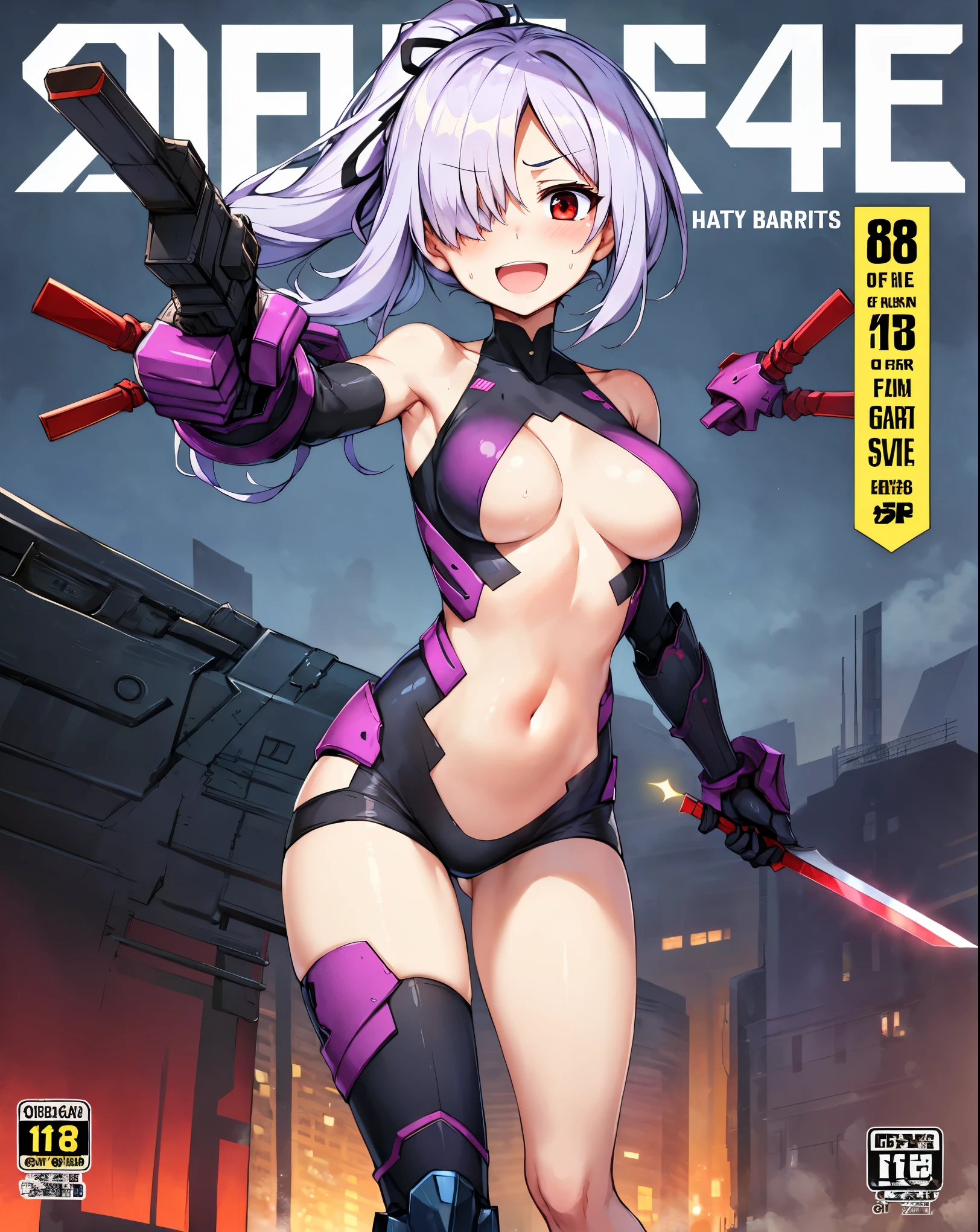 ,1girl,(:1.5), (short_ponytail:1.3), (light_whitish_purple_hair:1.3),black_mechanical_armor_parts,white_breasts_parts_red_black_body_suit,bare_shoulder,bare_slender_thighs,medium_breasts,city_background,Stinging_eyes,sleepy,thighhigh_greaves,gauntlets,dynamic_posing,bare_frank,metal_red_parts_armor,red_eye,solo,
fists,hold_weapon,glare,navel,large_mechanical_parts,happy,waist_armor,open_mouth,rise_legs,apart_legs, (covered_navel:1.3),(very_long_bangs:1.3), (hair_over_one_eye:1.5),(long_bang_covers_right_half_of_face:1.5),
(covered_pussy:1.1),covered_breasts,fighting,