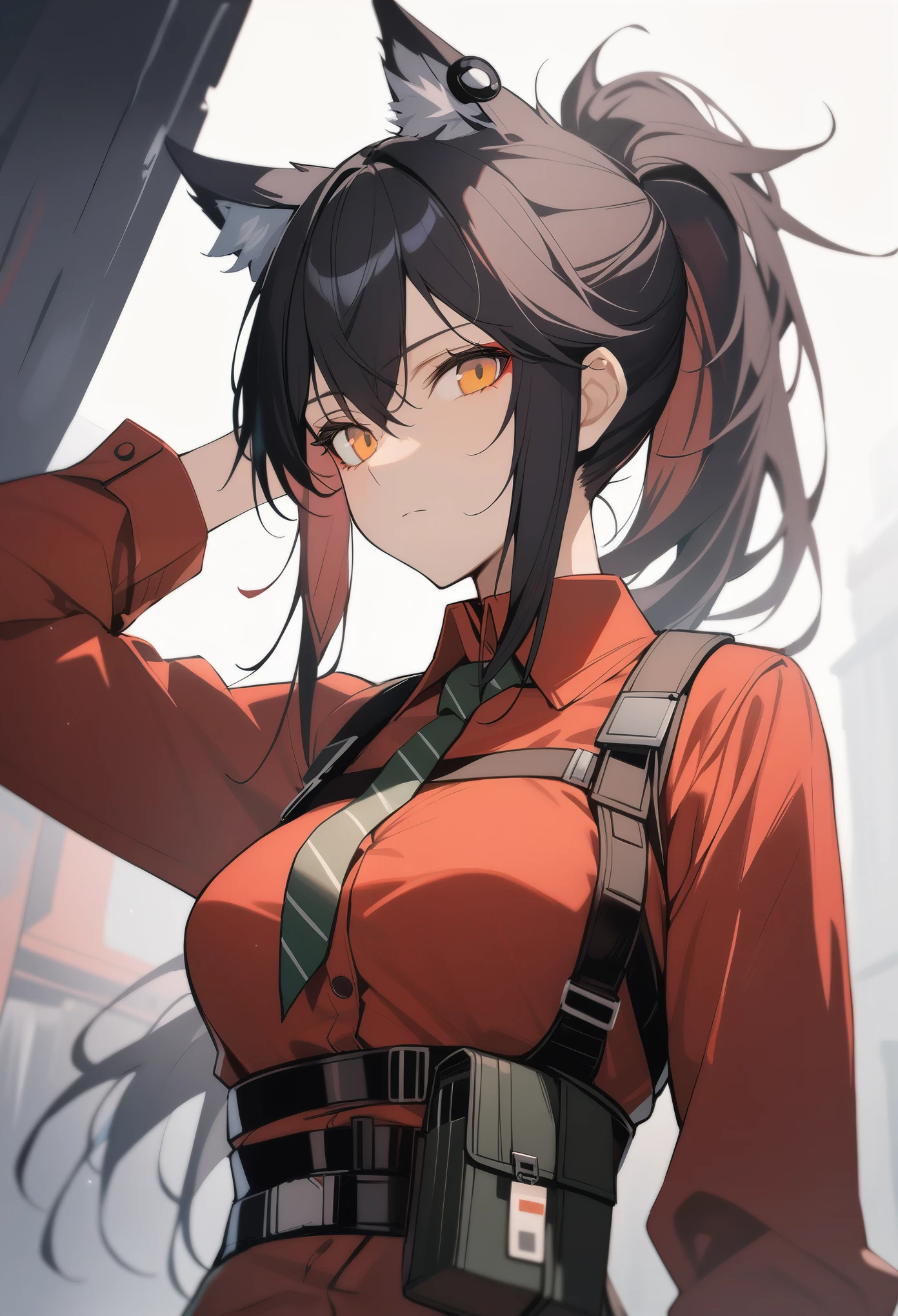 1girl, texas\(willpower)\(arknights), arknights, upper body, wolf ears, black hair, ponytail, yellow eyes, looking at viewer, expressionless, red shirt, chest harness, underbust, nacktie, masterpiece, best quality