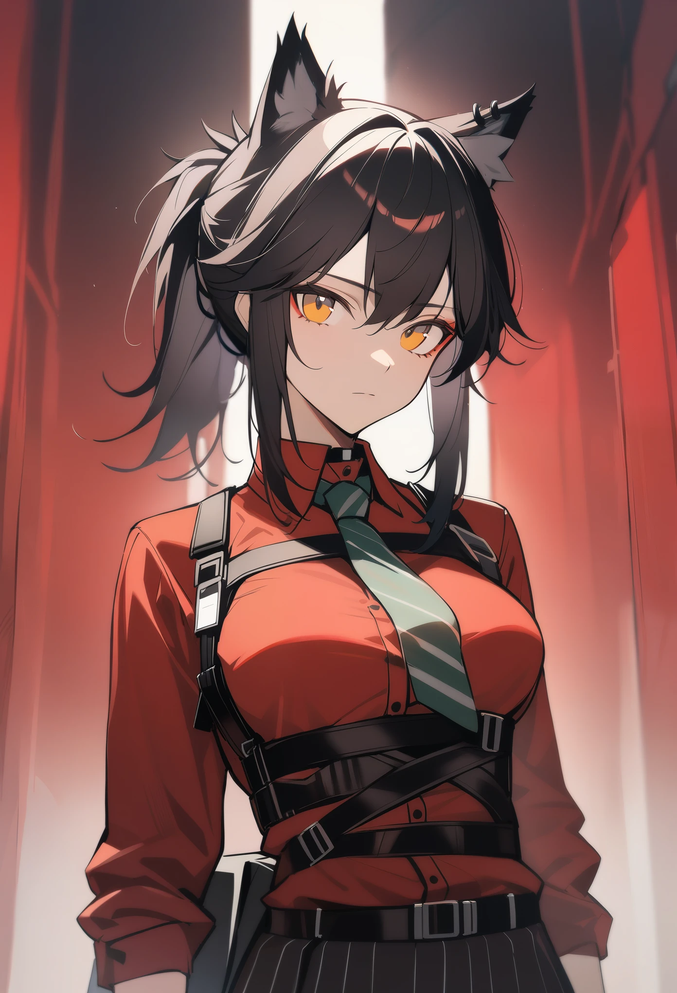 1girl, texas\(willpower)\(arknights), arknights, upper body, wolf ears, black hair, ponytail, yellow eyes, looking at viewer, expressionless, red shirt, chest harness, underbust, nacktie, masterpiece, best quality