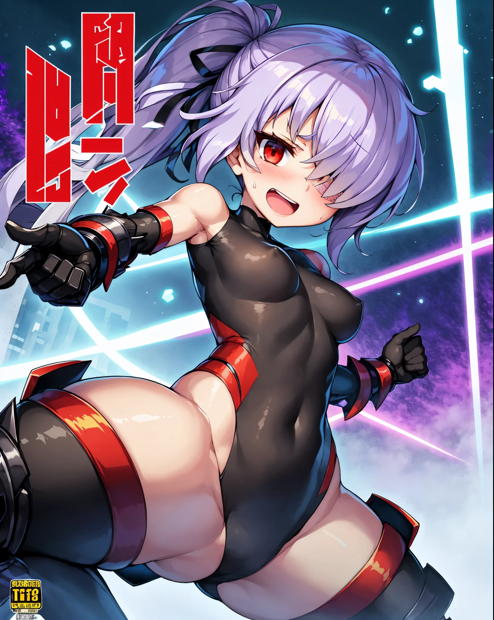 ,1girl,(:1.5), (short_ponytail:1.3), (light_whitish_purple_hair:1.3),black_mechanical_armor_parts,white_breasts_parts_red_black_body_suit,bare_shoulder,bare_slender_thighs,medium_breasts,city_background,Stinging_eyes,sleepy,thighhigh_greaves,gauntlets,dynamic_posing,bare_frank,metal_red_parts_armor,red_eye,solo,
fists,hold_weapon,glare,navel,large_mechanical_parts,happy,waist_armor,open_mouth,rise_legs,apart_legs, (covered_navel:1.3),(very_long_bangs:1.3), (hair_over_one_eye:1.5),(long_bang_covers_right_half_of_face:1.5),
(covered_pussy:1.1),covered_breasts,fighting,