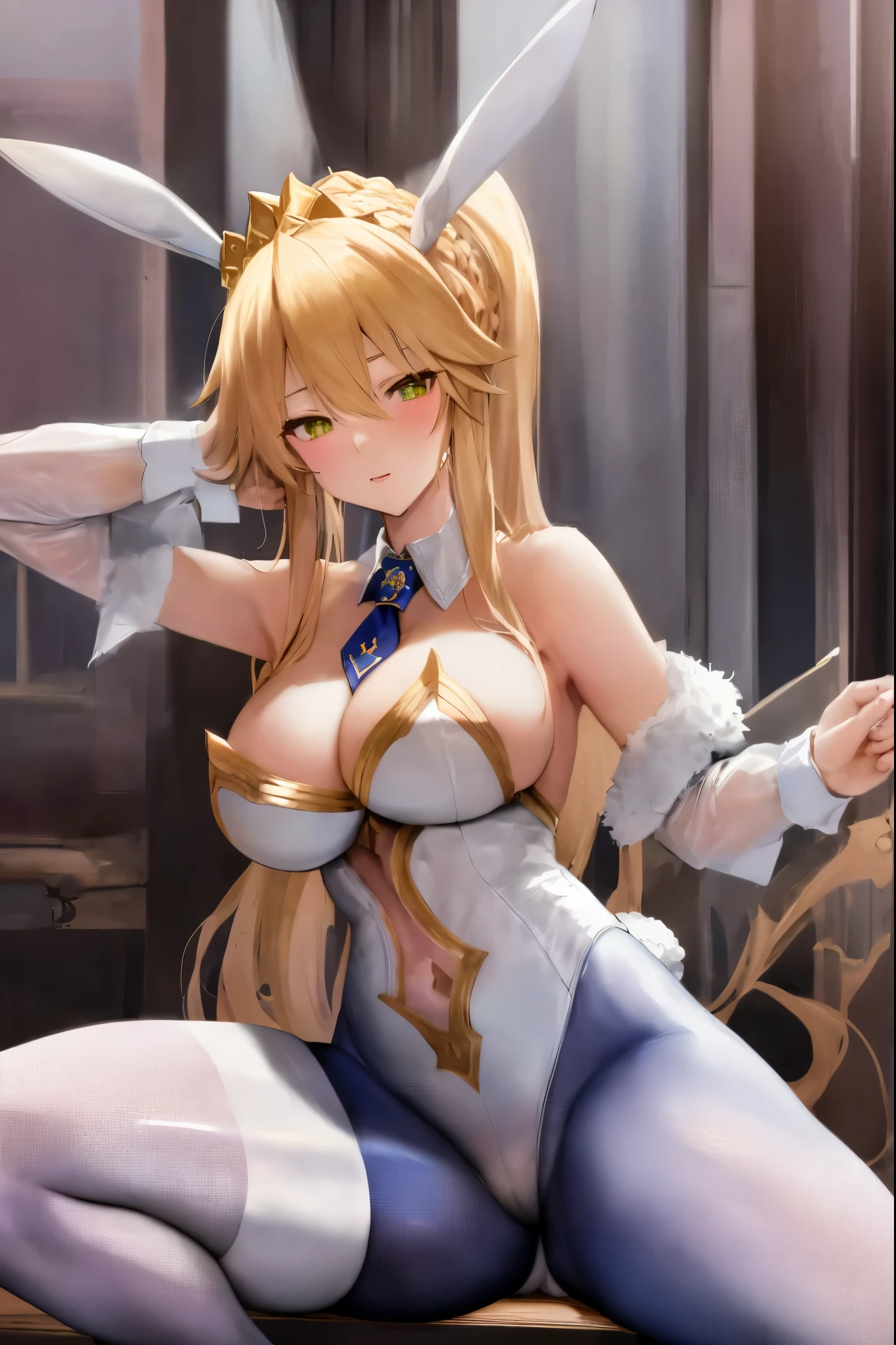 masterpiece, best quality, absurdres, looking at viewer, (light_smile:0.6),
1girl, ahoge, rabbit ears, playboy bunny, artoria pendragon \(swimsuit ruler\) \(fate\), large breasts , blonde hair, green eyes, french braid,  pony tail
bare shoulders, large breasts , cleavage,
clothing cut out, wrist cuffs, detached collar, cutout, feather boa,
white leotard, blue necktie, blue pantyhose, single thigh strap, hands_behind_head,(squat:1.3),(spread_legs:1.3),rabbit_pose,armpits,solo,