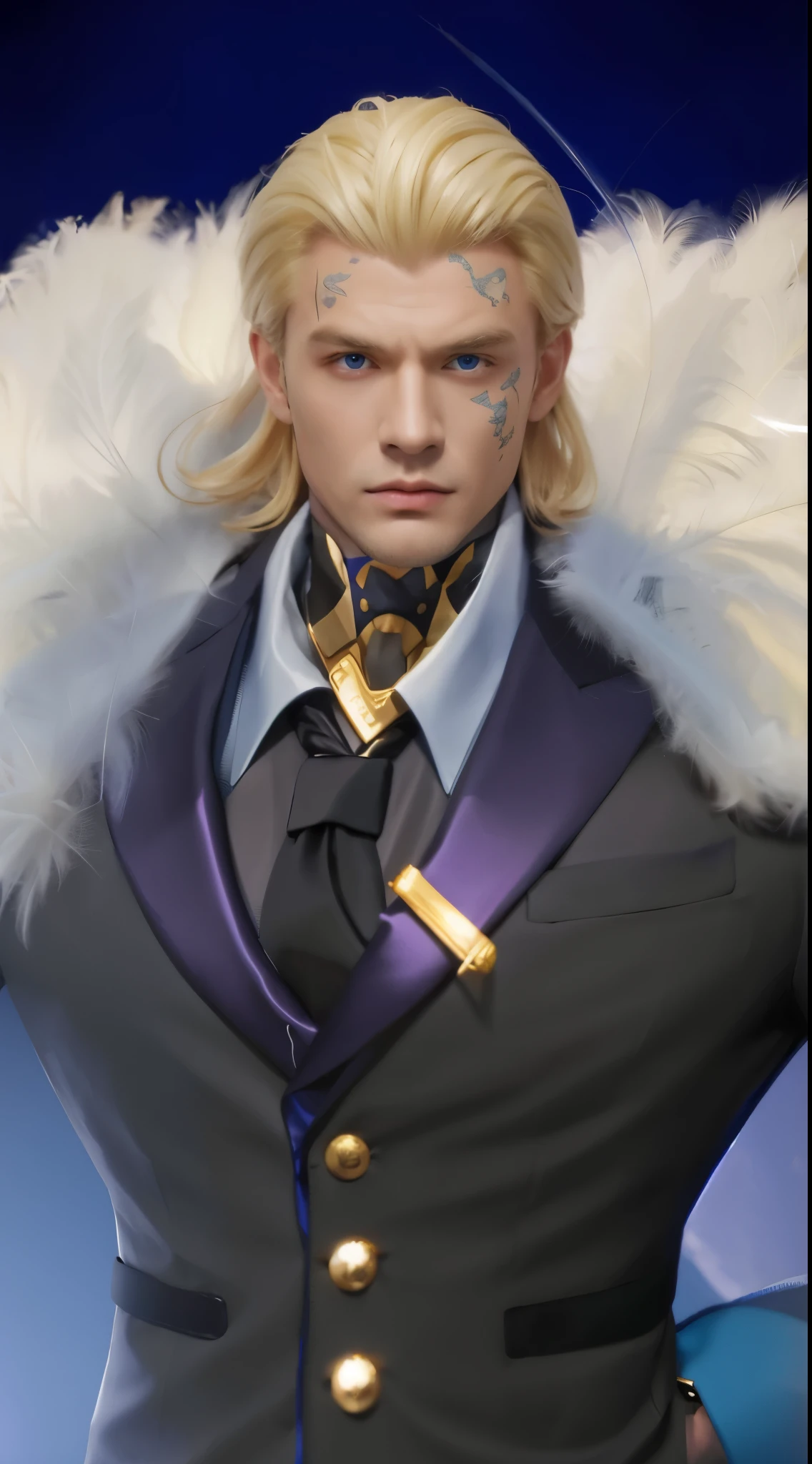 (best quality,highres:1.2),portrait,man in a suit and tie with feather cape,rich,classy,boss,blue eyes,blonde hair,armoured neck,gold tattoo in face,sharp focus,studio lighting,vivid colors, angry eyes