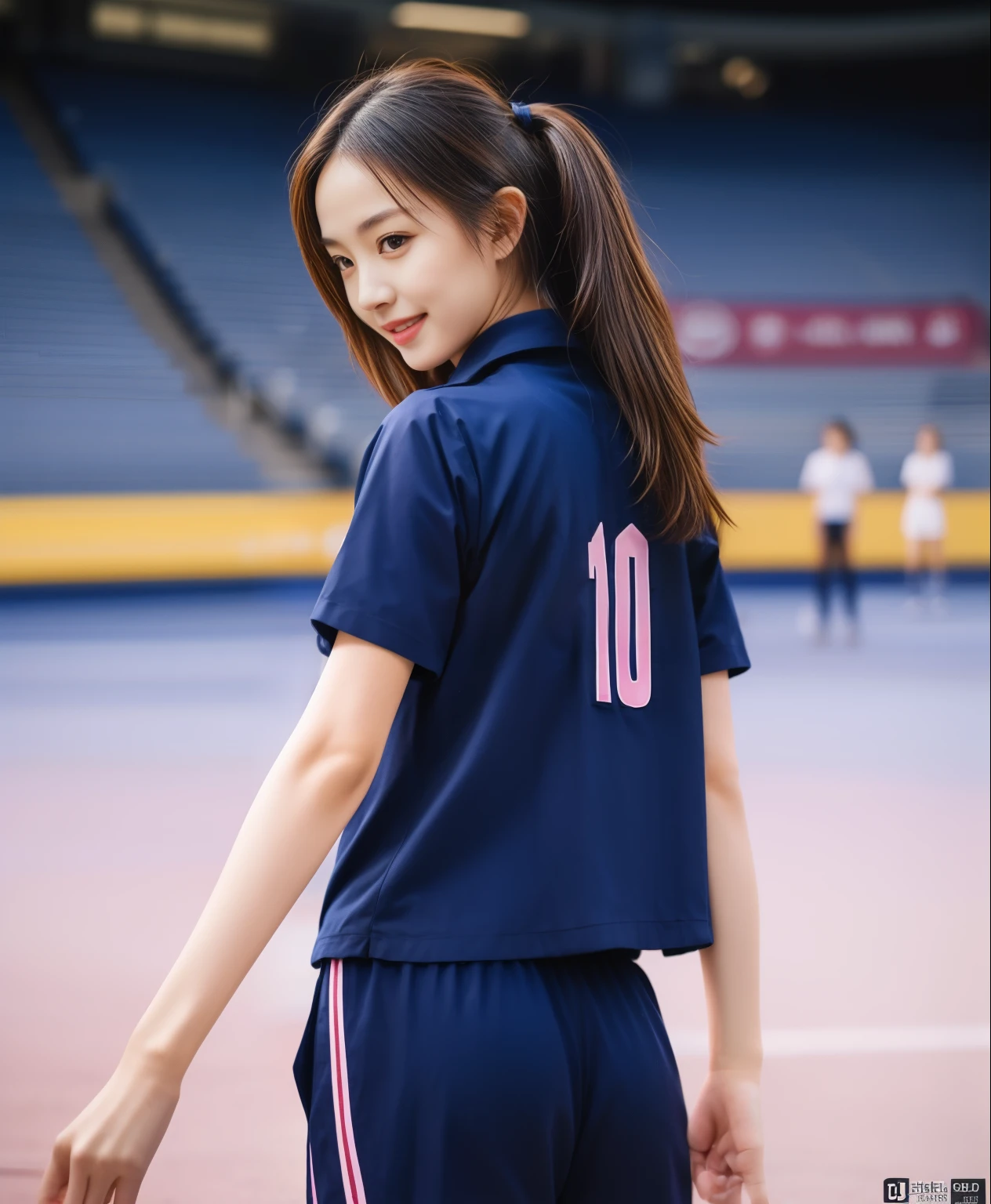 (best quality,10,10,height,Masterpiece:1.2),Special details,(realistic,ภาพrealistic,Realistic photos:1.37),1 cute girl on the football field,shiny, ผิวshiny,only,smile softly,BDclothelue shirt:1.3)),short sleeve,shirt, กางเกงขาlong.,(navy_long_track pants:1.1), ((stadium background:1.3)),Dynamic angle,excited,Face focus,dynamic poses,from behind,focus on ass,Masterpiece, best quality, ultra realistic, hyper-detail, 8K resolution, raw photos, Sharp focus, ((Navy blue shirt:1.1)), short sleeve, เส้นทางlong, perfect body, 2 mature women, 18 years old, Cinema-grade lighting system,blue sweatpants,shirtผ้าออกกำลังกาย,correct anatomy,perfect body, correct body, Sharp face, correct bodyทางกายวิภาค, full body, realistic gestures, long-haired, realistic poses,Wear long shorts................................,ช่วงขาlong,Good shape,carved girl, Slender figure, model, Good shape, beautiful body,blue sweatpants, two girls kissing