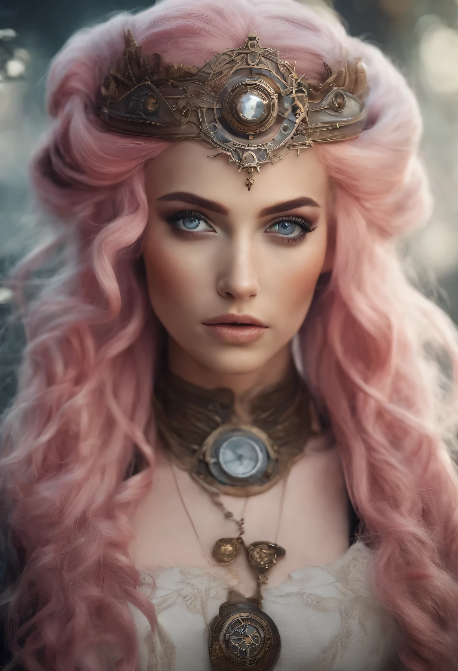 (Realisttic:1.2), analog photo style, Beautiful Elf woman, posing, with freckles and long pink hair braided, (steampunk dark fantasy atmosphere), soft natural light, cute and sexy, great quality, Masterpiece, detailed strange background, better performance, 16k quality, RAW photo