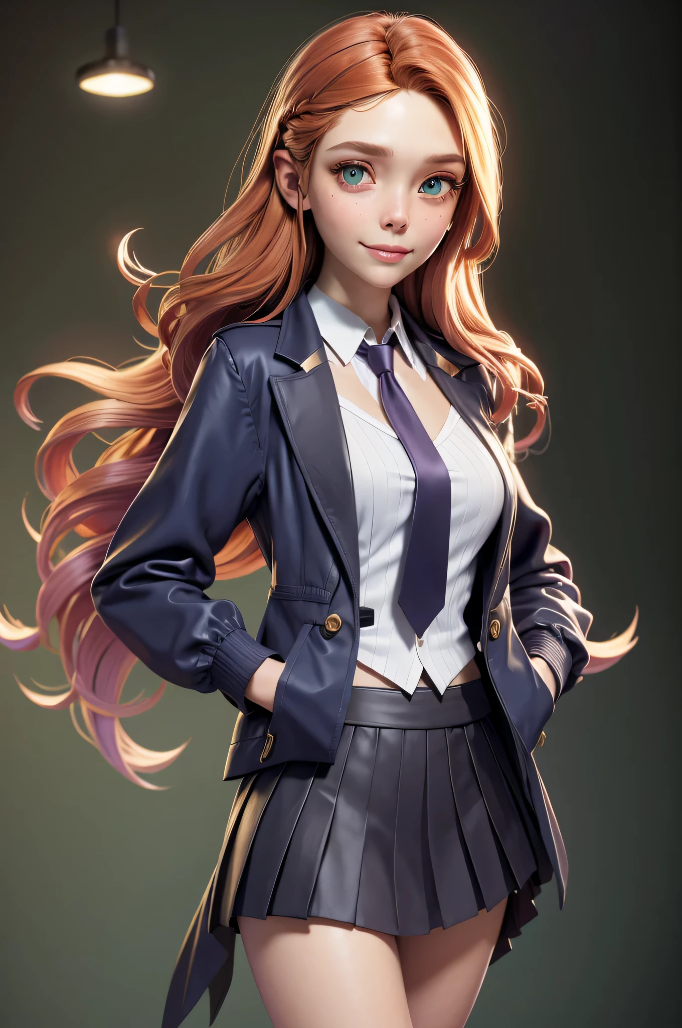 l1z0l, Elizabeth Olsen, , gynoid physics, (One:1.1), Elizabeth Olsen, perfect face, (((night skirt suit))), (((pleated school miniskirt))), (((night color jacket))), (((Silk tie))), Windsor tie, (((White shirt))), cup size four, (((Night color miniskirt with 1 horizontal gold stripe))), One focus, fully dressed, elegantly dressed, smiling, careless styling, shoulder length hair, 1 full braid, Red hair, Green eyes, beautiful detailed eyes，bright students，（very good and beautiful），（Beautiful and detailed description of the eyes), [[gentle fingers and hands:0.55]::0.85], (detail fingers), Facing the camera, (Background with：school corridor，mystical atmosphere), (Illustration, cartoon, Masterpiece, very detailed, Best quality，cinematic lighting，muted colors, detailed background, A high resolution)