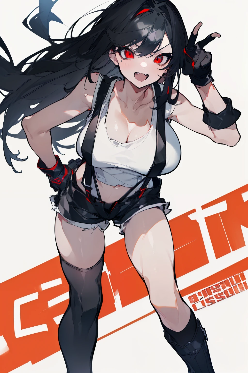 (highest quality、masterpiece:1.2) girl,long black hair、red eyes, big breasts、 (white tank top,suspenders、black hot pants、leather gloves、knee high socks)realistic fantasy rendering, リアルなアニメのgirlのレンダリング, Popular at CG Station, 4k, (a ferocious look,vulgar smile)