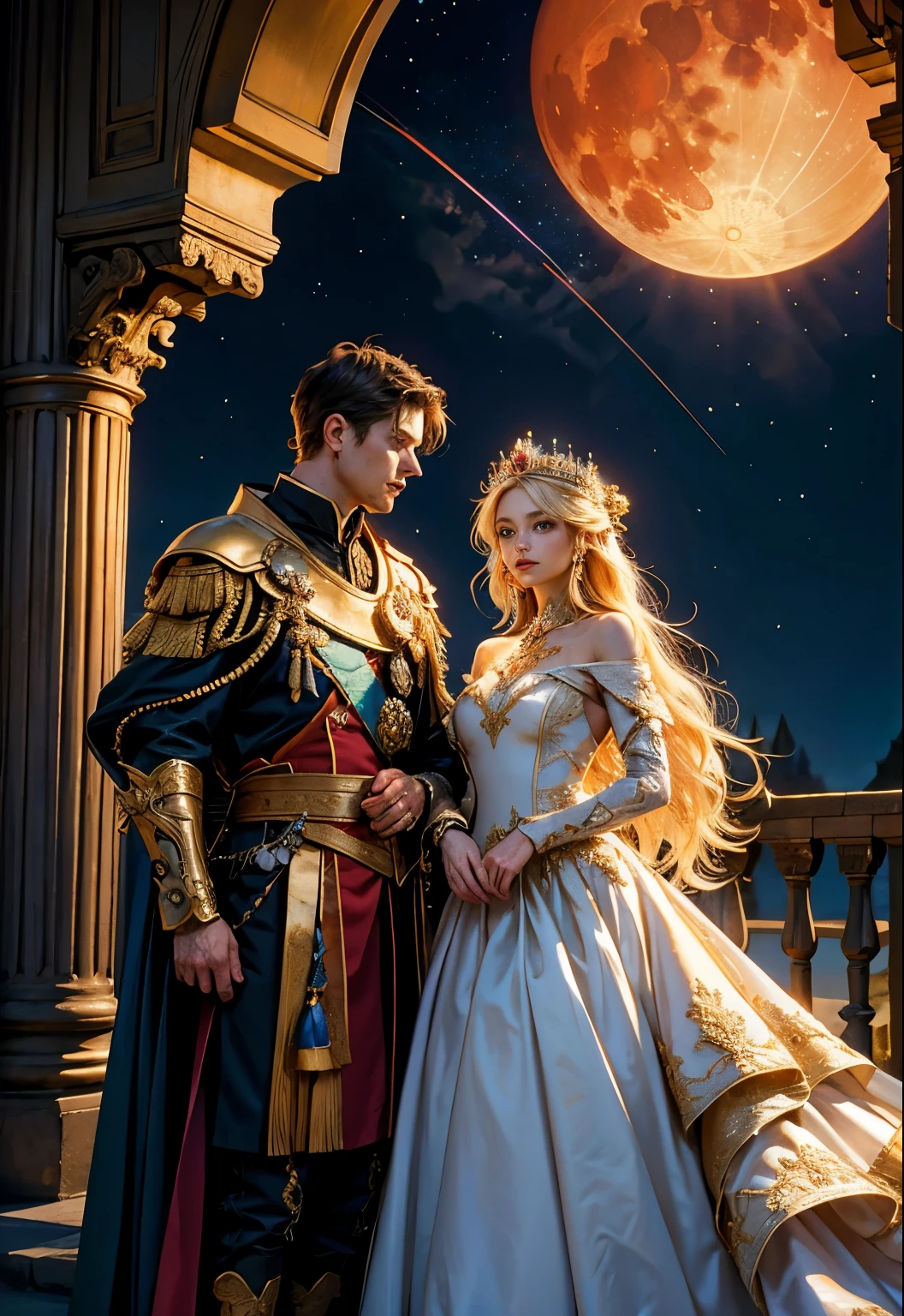 couple photo of two people(masterepiece, of the highest quality, Best Quality, Official art, Beautiful and aesthetic:1.2), (1girl in), highly detailed,(Fractal Art:1.3),Colorful,highest details, she has long blonde hair and blue eyes, she is a queen and has a long crystal wand, tome'It's the cute girl in the center of the photo, decent queen's gown..、There is a full radiant red moon in the background, she is wearing a golden luxurious dress. The man is the king, short hair.
