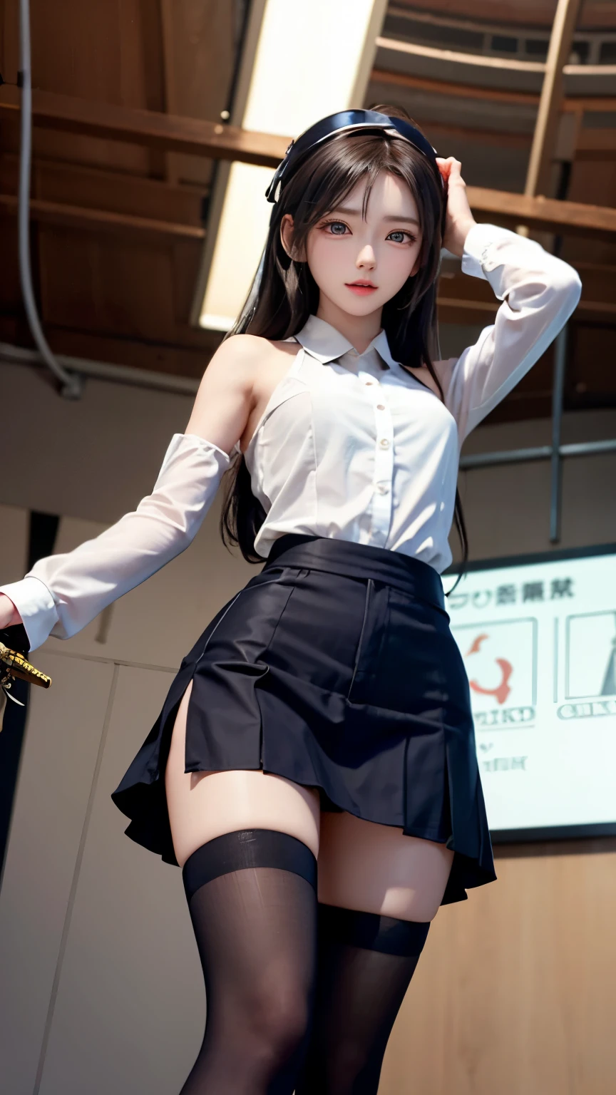 Suit,Collared shirt,Belt bag,Suspenders black mini skirt　garterbelts　knee high　Stockings　Black Niso　Colorcon armpit sweat　perspiring　Side of both hands,Black jacket,Gaze,ample bosom,Armpit sweat,Exposing the armpits"Pichi Pichi clothes