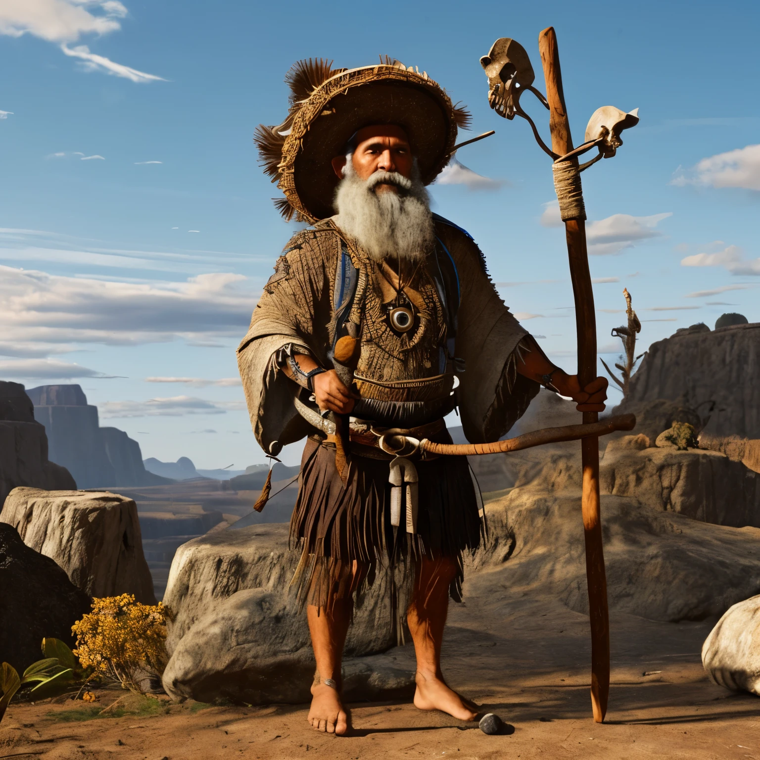40-year-old shaman with a staff in his hand from which hangs an animal skull. Agile, mago, poderoso. Brown hair. En lanotra mano sonaja qie apunta hacia arriba