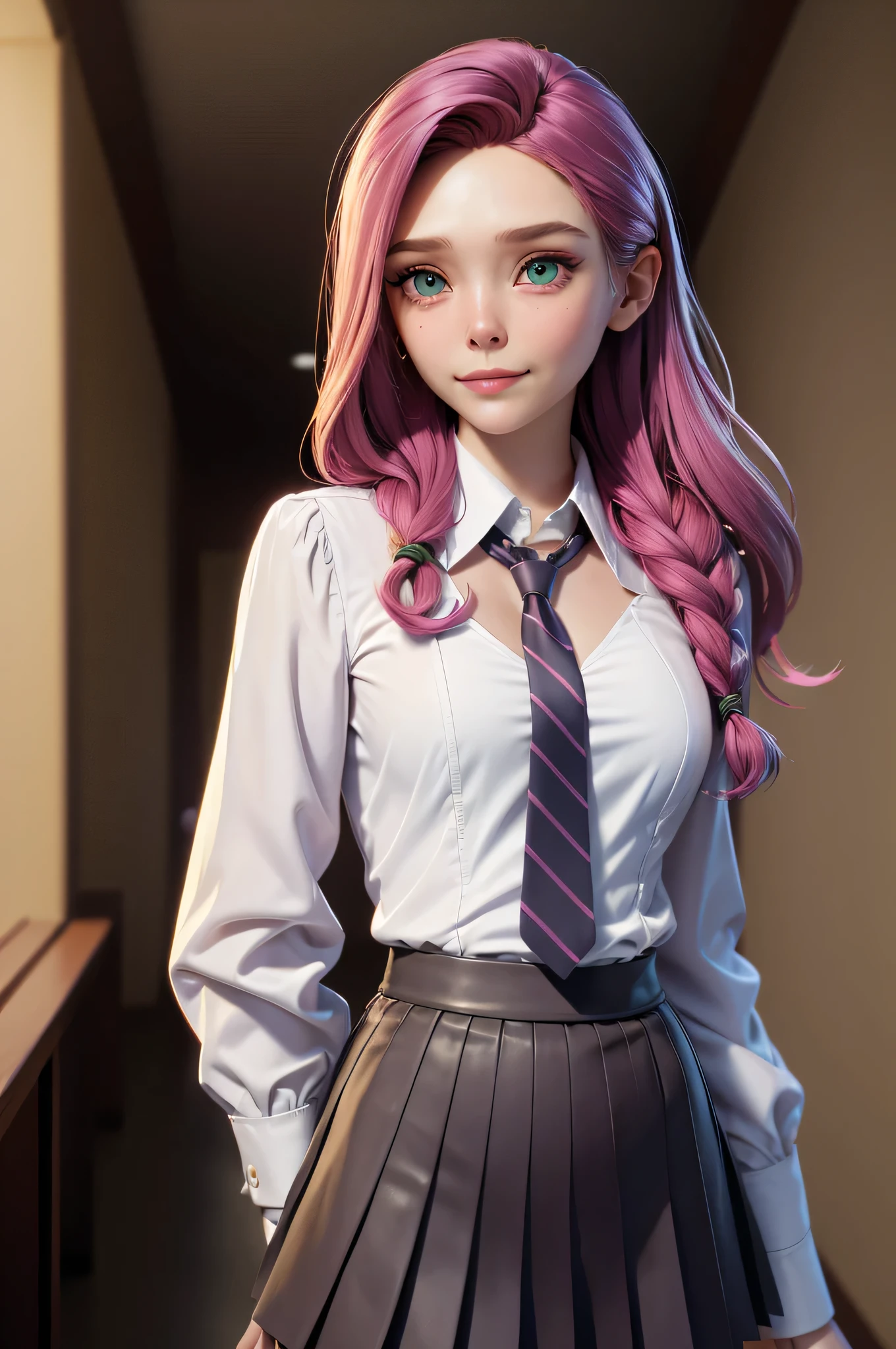 l1z0l, Elizabeth Olsen, , gynoid physics, (One:1.1), Elizabeth Olsen, perfect face, (((night skirt suit))), (((pleated school miniskirt))), (((night color jacket))), (((Silk tie))), Windsor tie, (((White shirt))), cup size four, (((Night color miniskirt with 1 horizontal gold stripe))), One focus, fully dressed, elegantly dressed, smiling, careless styling, shoulder length hair, 1 full braid, Red hair, Green eyes, beautiful detailed eyes，bright students，（very good and beautiful），（Beautiful and detailed description of the eyes), [[gentle fingers and hands:0.55]::0.85], (detail fingers), Facing the camera, (Background with：school corridor，mystical atmosphere), (Illustration, cartoon, Masterpiece, very detailed, Best quality，cinematic lighting，muted colors, detailed background, A high resolution)