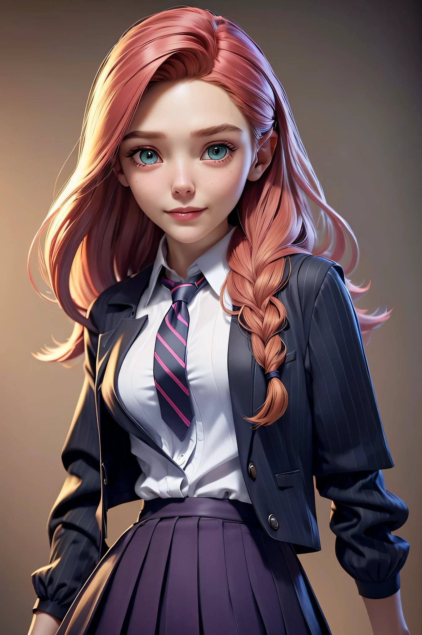 l1z0l, Elizabeth Olsen, , gynoid physics, (One:1.1), Elizabeth Olsen, perfect face, (((night skirt suit))), (((pleated school miniskirt))), (((night color jacket))), (((Silk tie))), Windsor tie, (((White shirt))), cup size four, (((Night color miniskirt with 1 horizontal gold stripe))), One focus, fully dressed, elegantly dressed, smiling, careless styling, shoulder length hair, 1 full braid, Red hair, Green eyes, beautiful detailed eyes，bright students，（very good and beautiful），（Beautiful and detailed description of the eyes), [[gentle fingers and hands:0.55]::0.85], (detail fingers), Facing the camera, (Background with：school corridor，mystical atmosphere), (Illustration, cartoon, Masterpiece, very detailed, Best quality，cinematic lighting，muted colors, detailed background, A high resolution)