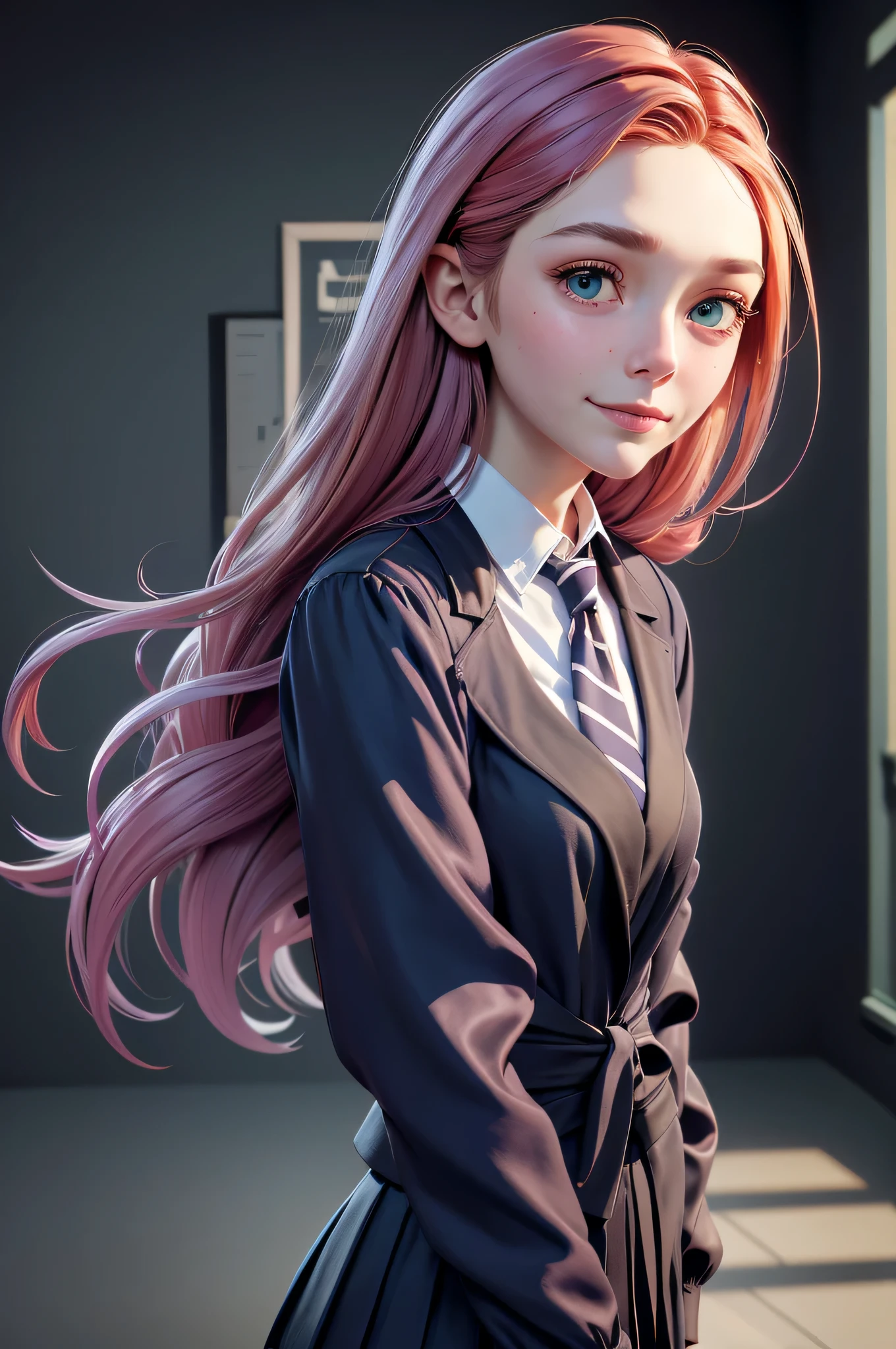 l1z0l, Elizabeth Olsen, , gynoid physics, (One:1.1), Elizabeth Olsen, perfect face, (((night skirt suit))), (((pleated school miniskirt))), (((night color jacket))), (((Silk tie))), Windsor tie, (((White shirt))), cup size four, (((Night color miniskirt with 1 horizontal gold stripe))), One focus, fully dressed, elegantly dressed, smiling, careless styling, shoulder length hair, 1 full braid, Red hair, Green eyes, beautiful detailed eyes，bright students，（very good and beautiful），（Beautiful and detailed description of the eyes), [[gentle fingers and hands:0.55]::0.85], (detail fingers), Facing the camera, (Background with：school corridor，mystical atmosphere), (Illustration, cartoon, Masterpiece, very detailed, Best quality，cinematic lighting，muted colors, detailed background, A high resolution)
