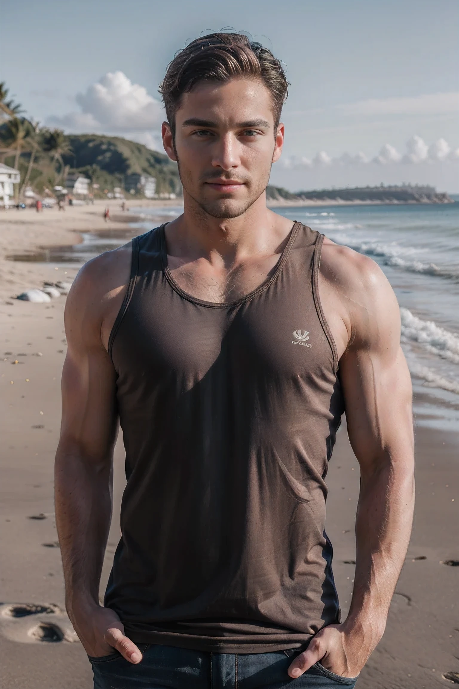 Realistic photography, Handsome man wearing a tank top ,beach