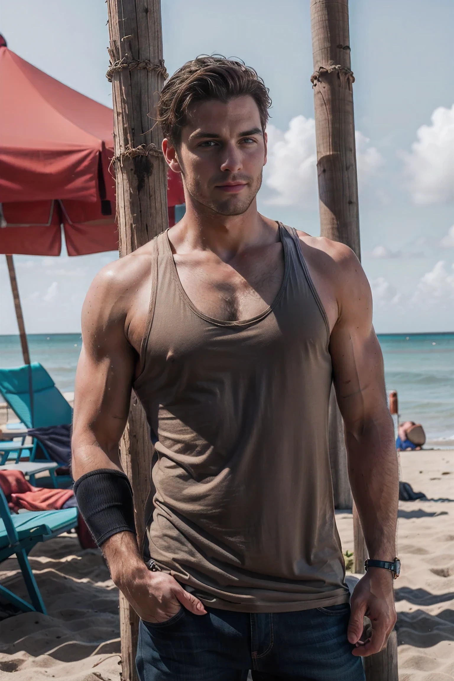 Realistic photography, Handsome man wearing a tank top ,beach