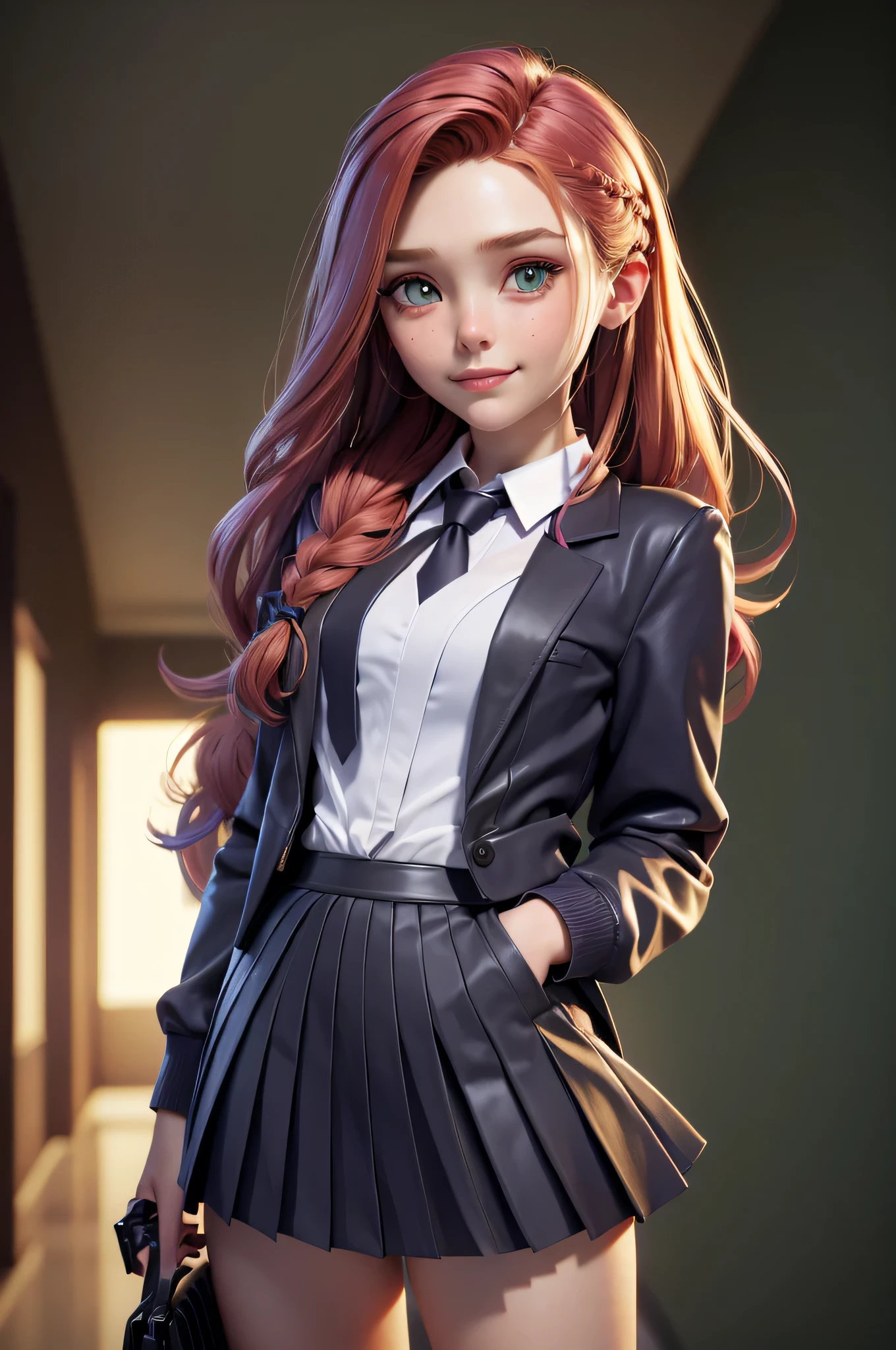 l1z0l, Elizabeth Olsen, , gynoid physics, (One:1.1), Elizabeth Olsen, perfect face, (((night skirt suit))), (((pleated school miniskirt))), (((night color jacket))), (((Silk tie))), Windsor tie, (((White shirt))), cup size four, (((Night color miniskirt with 1 horizontal gold stripe))), One focus, fully dressed, elegantly dressed, smiling, careless styling, shoulder length hair, 1 full braid, Red hair, Green eyes, beautiful detailed eyes，bright students，（very good and beautiful），（Beautiful and detailed description of the eyes), [[gentle fingers and hands:0.55]::0.85], (detail fingers), Facing the camera, (Background with：school corridor，mystical atmosphere), (Illustration, cartoon, Masterpiece, very detailed, Best quality，cinematic lighting，muted colors, detailed background, A high resolution)