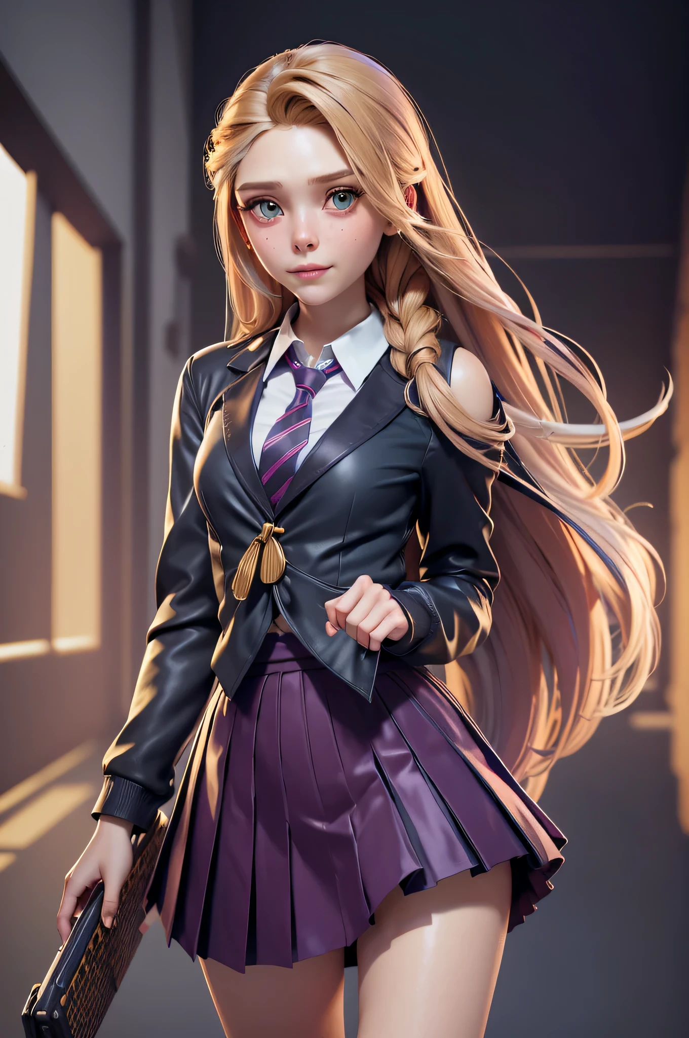 l1z0l, Elizabeth Olsen, , gynoid physics, (One:1.1), Elizabeth Olsen, perfect face, (((night skirt suit))), (((pleated school miniskirt))), (((night color jacket))), (((Silk tie))), Windsor tie, (((White shirt))), cup size four, (((Night color miniskirt with 1 horizontal gold stripe))), One focus, fully dressed, elegantly dressed, smiling, careless styling, shoulder length hair, 1 full braid, Red hair, Green eyes, beautiful detailed eyes，bright students，（very good and beautiful），（Beautiful and detailed description of the eyes), [[gentle fingers and hands:0.55]::0.85], (detail fingers), Facing the camera, (Background with：school corridor，mystical atmosphere), (Illustration, cartoon, Masterpiece, very detailed, Best quality，cinematic lighting，muted colors, detailed background, A high resolution)