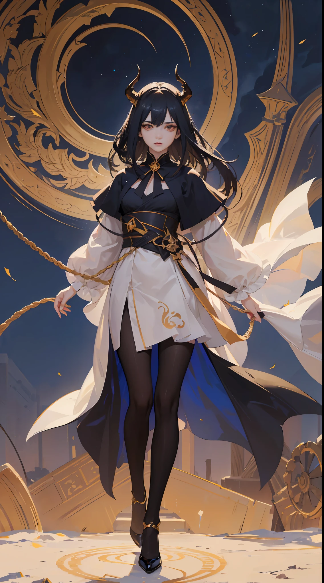 Seven Rhaeyar, Ancient Star goddess, Perfect female anatomy (Adult Female, 166cm in height, pale skin, slim, slender, 34D breast size, Dark Orange Eyes with beautiful details, Long Straight Black Hair, Beauty Mark Mole on right cheek bone, a set of black horns on her head), Neutral facial expression, Elegant white dress with black bow tie, blue coat knee length, dragon motifs, gold and rope accessories, View of the open blue sky with only clouds, receiving light from the front, Ethereal glow