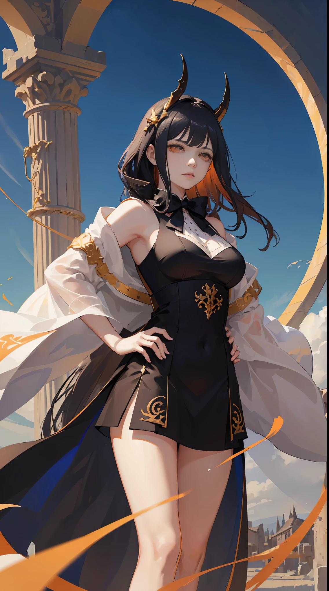 Seven Rhaeyar, Ancient Star goddess, Perfect female anatomy (Adult Female, 166cm in height, pale skin, slim, slender, 34D breast size, Dark Orange Eyes with beautiful details, Long Straight Black Hair, Beauty Mark Mole on right cheek bone, a set of black horns on her head), Neutral facial expression, Elegant white dress with black bow tie, blue coat knee length, dragon motifs, gold and rope accessories, View of the open blue sky with only clouds, receiving light from the front, Ethereal glow