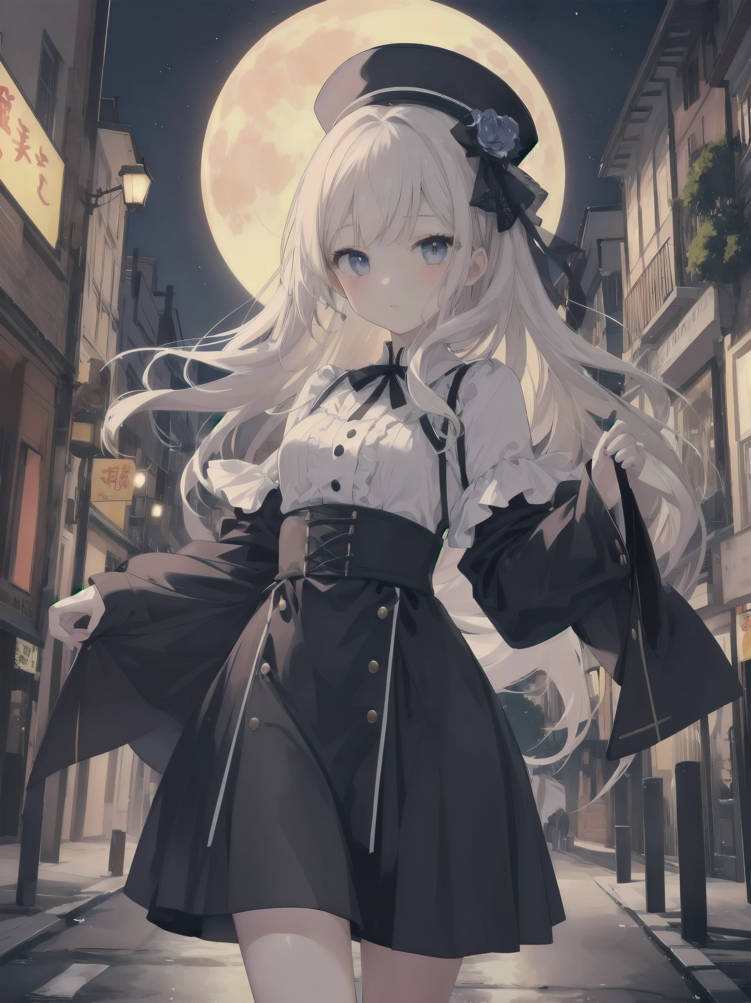 (Ultimate masterpiece), (Superb quality), (Ultra-detailed), High resolution, Ultimate beauty, High saturation, Vivid,. 1 beautiful girl,(cute girl)「the girl、While watching the moon floating in the night sky、Strolling through the streets of Vienna in the 1920s。she、With neat clothes and elegant poses、天才美少女剣士のshe必殺技を唱える