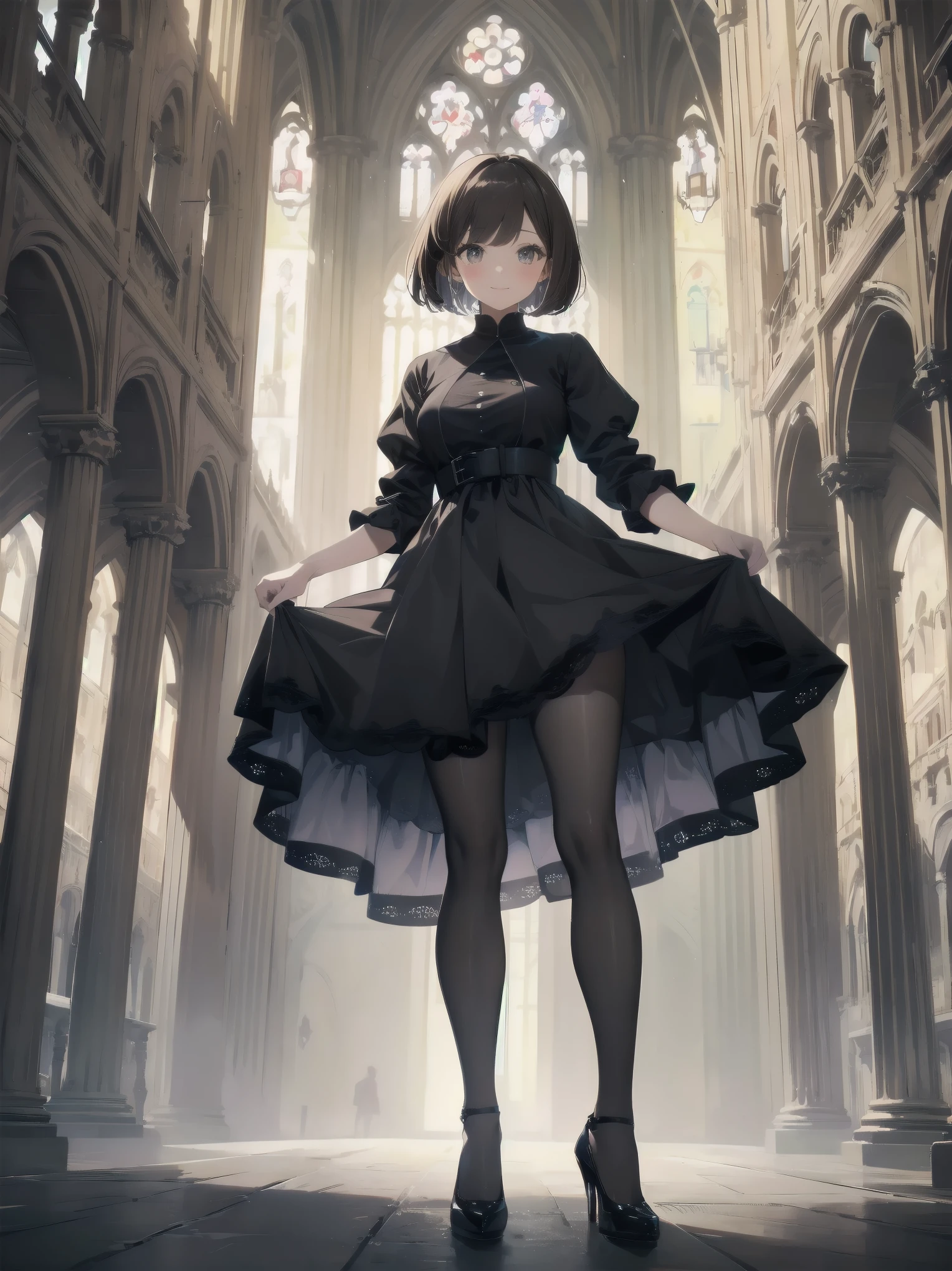 (Ultimate masterpiece), (Superb quality), (Ultra-detailed), High resolution, Ultimate beauty, High saturation, Vivid,.
 
 
1 beautiful girl, (cute girl), (thighs, black tights), (high heels), (cathedral dress), convent dress,
Super smile, brown hair, one length bob cut braided, (standing, dynamic pose), (dainty pose, super cute), oldest and historic place of worship, indoor background,
Fashion magazine shoot, professional shading, best illustration of her looking pretty.