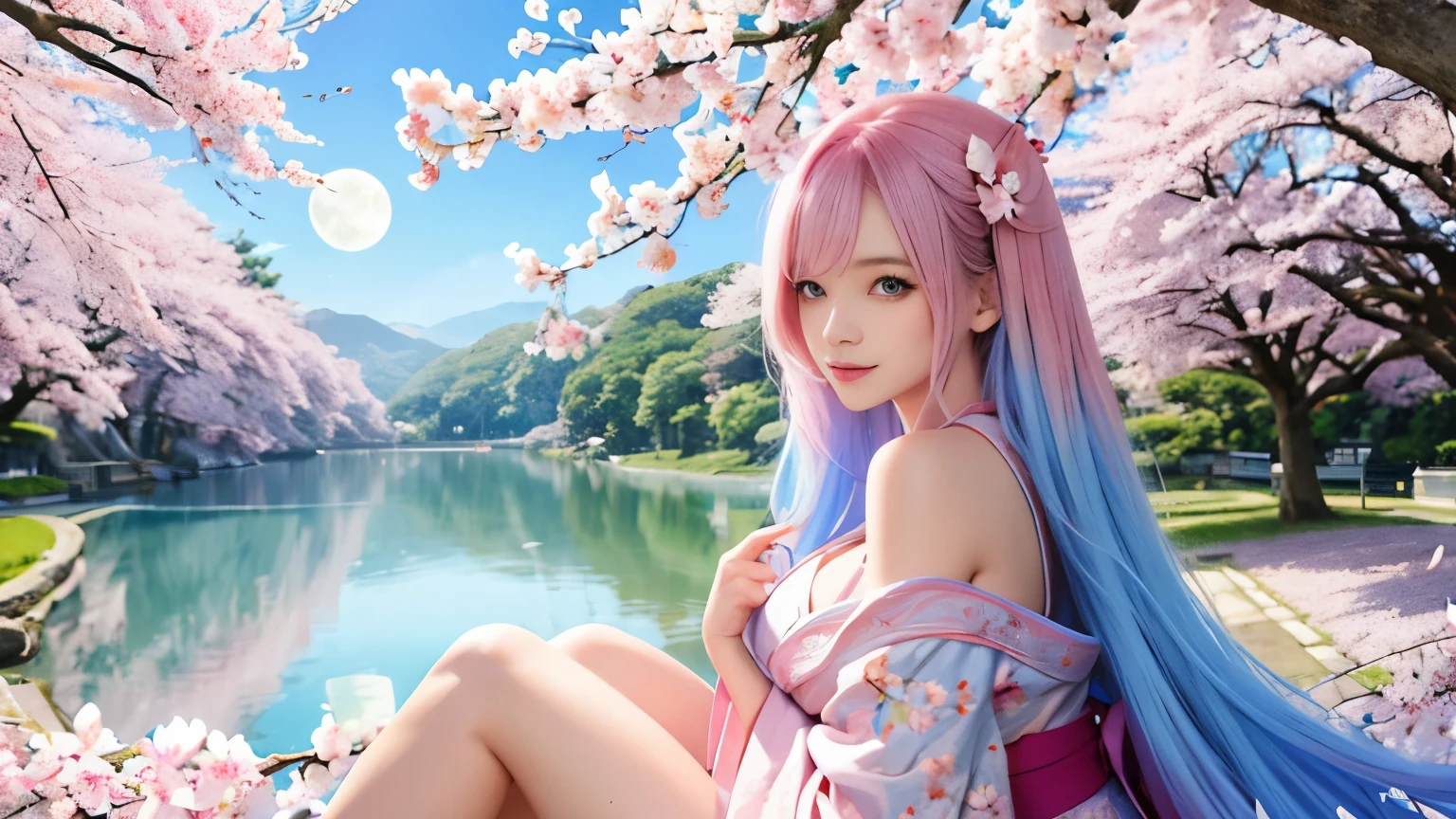 anime, one girl, colorful hair,pink hair and blue hair、 Hair is tangled, pink eyes, Kyoto, cherry blossoms、petal、moon, pink patterned kimono, off shoulder, sitting, alone,cleavage、smile、close up of face