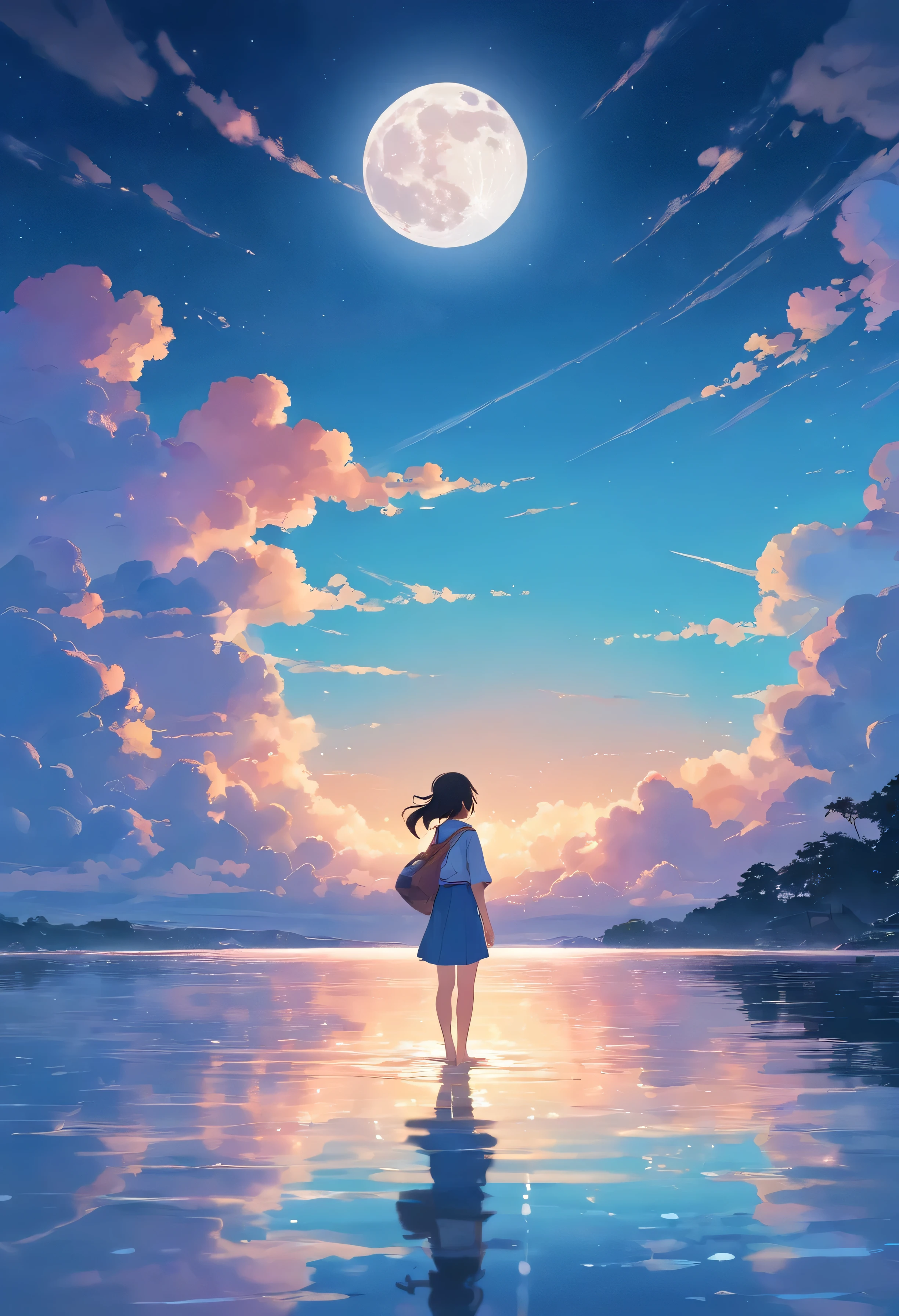 A girl standing on the beach looking at the moon - SeaArt AI