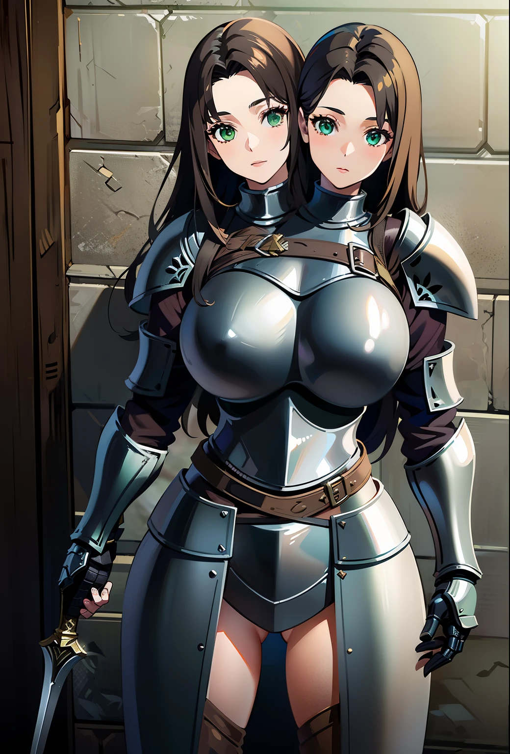 (masterpiece),(ultra-detailed), (high quality), (high resolution), (best quality:1.5, highres, UHD), highres, absurdo, ultra detail, ultra quality, (2heads:1.5), 1girl, (long hair), dark brown hair, large breasts, thighs, (gray armor), female warrior, (fully armored), (medieval outfit), (green eyes), sword, armored chest piece, gorgeous female knight, Guild Clothes with Armor, Fantasyart:1.5, (1 Female Knight:1.5), Detailed and detailed depiction armor