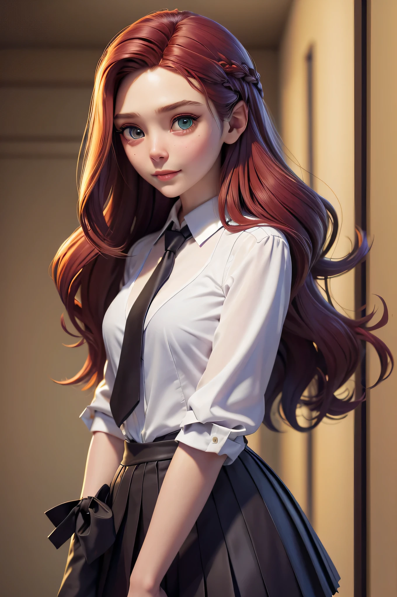 Elizabeth Olsen, , gynoid physics, (One:1.1), Elizabeth Olsen, perfect face, (((night skirt suit))), (((pleated school miniskirt))), (((night color jacket))), (((Silk tie))), Windsor tie, (((White shirt))), cup size four, (((Night color miniskirt with 1 horizontal gold stripe))), One focus, fully dressed, elegantly dressed, smiling, careless styling, shoulder length hair, 1 full braid, Red hair, Green eyes, beautiful detailed eyes，bright students，（very good and beautiful），（Beautiful and detailed description of the eyes), [[gentle fingers and hands:0.55]::0.85], (detail fingers), Facing the camera, (Background with：school corridor，mystical atmosphere), (Illustration, cartoon, Masterpiece, very detailed, Best quality，cinematic lighting，muted colors, detailed background, A high resolution)