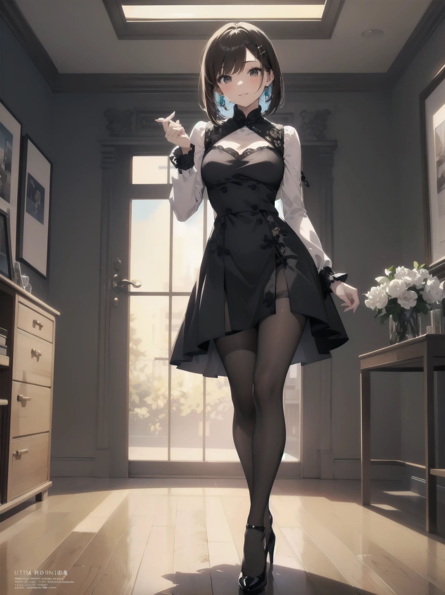 (Ultimate masterpiece), (Superb quality), (Ultra-detailed), High resolution, Ultimate beauty, High saturation, Vivid,.
1 beautiful girl,(Cute girl),(Thighs, black tights),(High heels), Ultra detailed and pretty dress from luxury brand,
Super smile, brown hair, one length bob cut braided, (standing, dynamic pose), (dainty pose, super cute), Marquis' house Zheng, indoor background,
Fashion magazine shoot, professional shading, best illustration of her looking pretty.
