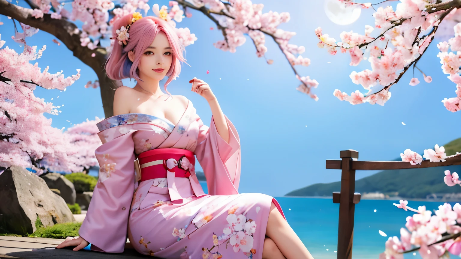 anime, one girl, colorful hair,pink hair and blue hair、 Hair is tangled, pink eyes, Kyoto, cherry blossoms、petal、moon, pink patterned kimono, off shoulder, sitting, alone,cleavage、smile、close up of face