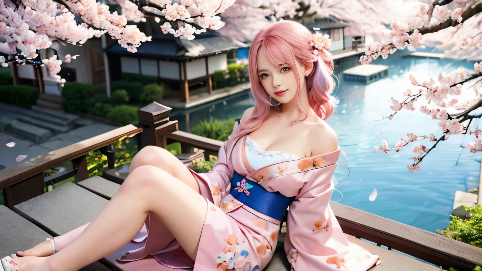 anime, one girl, colorful hair,pink hair and blue hair、 Hair is tangled, pink eyes, Kyoto, cherry blossoms、petal、moon, pink patterned kimono, off shoulder, sitting, alone,cleavage、smile、close up of face