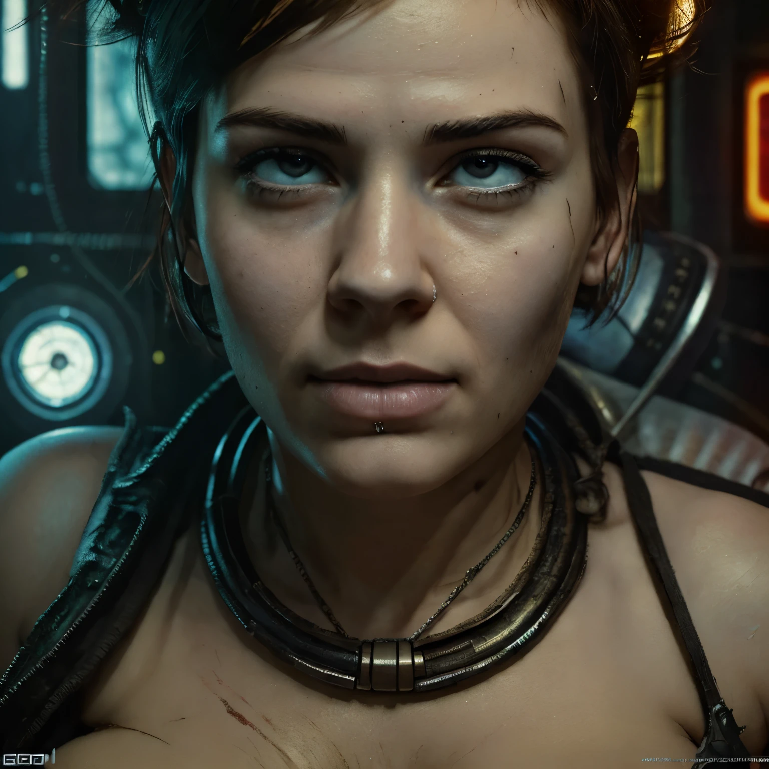 analog style, high resolution, (((masterpiece))), coal miner, female, (sexy:0.9), dirty, cyberpunk, futuristic, sci-fi, very detailed, short hair, Award-winning movie poster, (((photorealistic)))