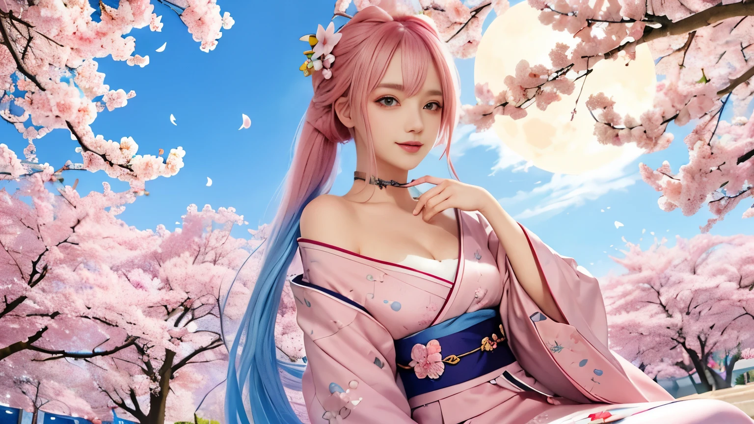 anime, one girl, colorful hair,pink hair and blue hair、 Hair is tangled, pink eyes, Kyoto, cherry blossoms、petal、moon, pink patterned kimono, off shoulder, sitting, alone,cleavage、smile、close up of face