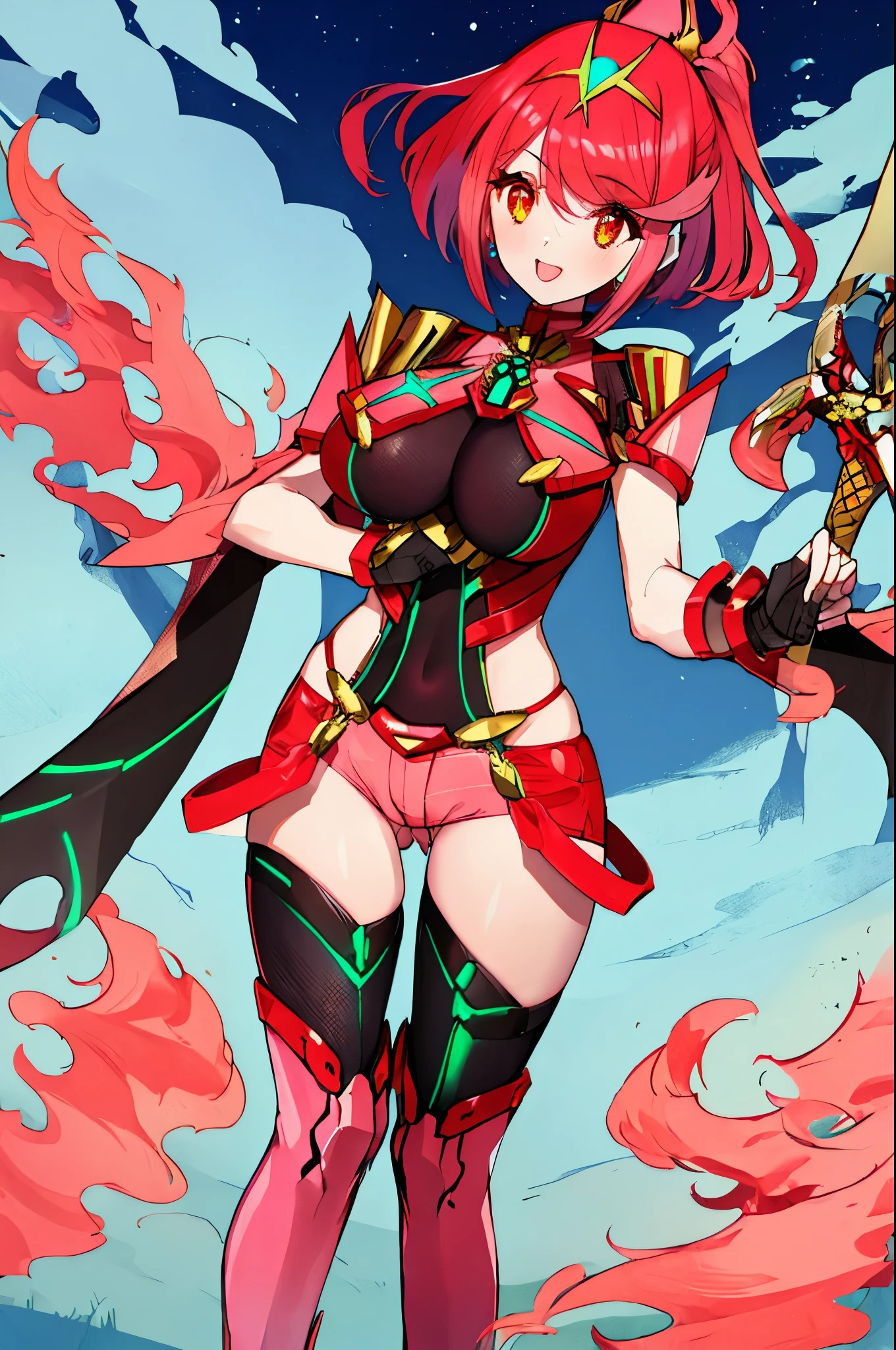 pyra \(xenoblade\), _1girl, , armor, bangs, black gloves, breasts, red eyes, closed mouth, earrings, eyelashes, fingerless gloves, floating hair, framed breasts, gem, gloves, hair ornament, headpiece, jewelry, big_breasts, leaning back, leotard, neon trim, official art, pose, red hair, red shorts, saitou masatsugu, short hair, short shorts, short sleeves, shorts, sidelocks, skin tight, solo, standing, swept bangs, thighhighs, tiara, night_prairie_background, turtleneck, underbust, vambraces, xenoblade chronicles \(series\), (xenoblade chronicles 2), apart_legs, fire_effect,dynamic_pose,fighting,light_smile, (plump:1.1), big_ass,huge_sword, hold_large_sword_hilt, solo, covered_nipples, (covered_pussy:1.2),cameltoe,open_mouth,back_view, fists,ponytail,plump,