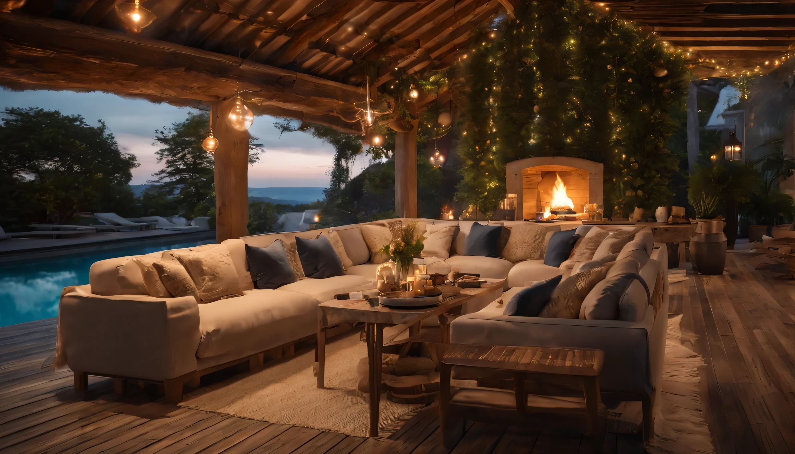 (((Terrace of a luxury cottage built on a hill by the sea))), ((Fluffy cushions by the pool))), ((summer night)), ((プールサイドでrelax)), infinity pool, The sides of the pool are decorated with wooden floors and candles. relax. stylish. There are drinks and delicious food on the table. You can see the pool from the table. The night sky is full of stars. Calm atmosphere. comfortable space. mysterious sea, 8k, ultra high resolution, luxurious space, Bright indirect lighting, Foliage plant, VIP. actual shooting, movie, Photoreal.